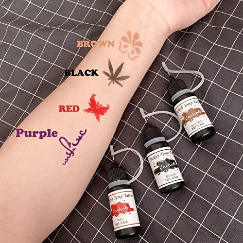 Jacknb Jacknb Temporary Tattoo Kit Jagua Gel Semi Permanent Tattoo Freehand Ink 4 Bottles (2oz) DIY Tattoos Fake Freckles Body Art Paint Kits 40 Pcs Free Tattoos Stencils (Black/Red/Purple/Brown)