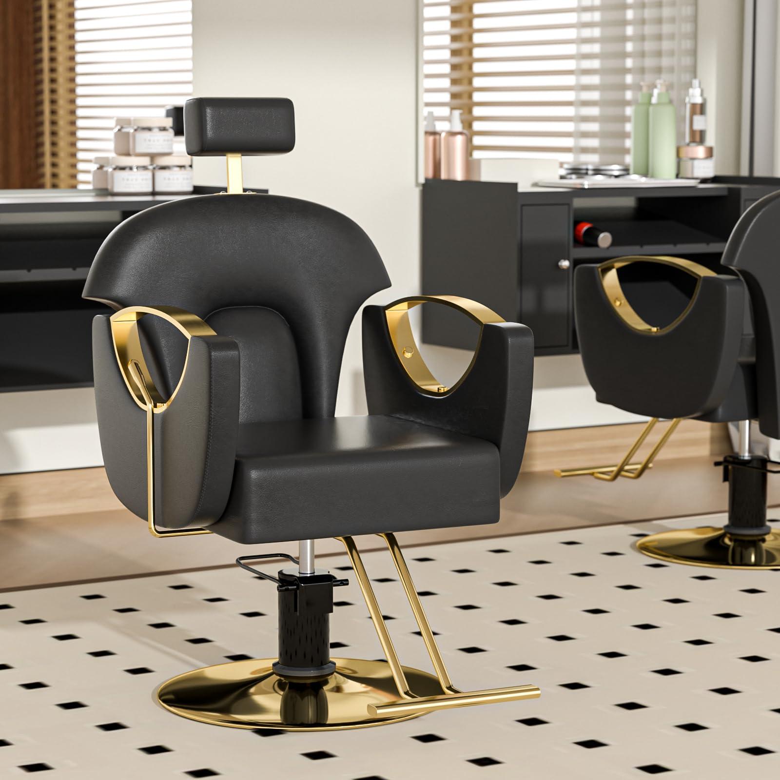 Charmmade Salon Chair Reclining Barber Chair Adjustable Recliner Styling Chair Hydraulic Adjust Height 360Swivel, Unique Headrest Design, Black and Gold