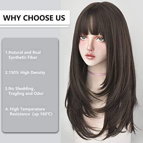 7JHH WIGS 7JHH WIGS Hair Dye Wig for Women Synthetic Hair Natural Long Straight Wig With Bangs (22inch, Cold brown)