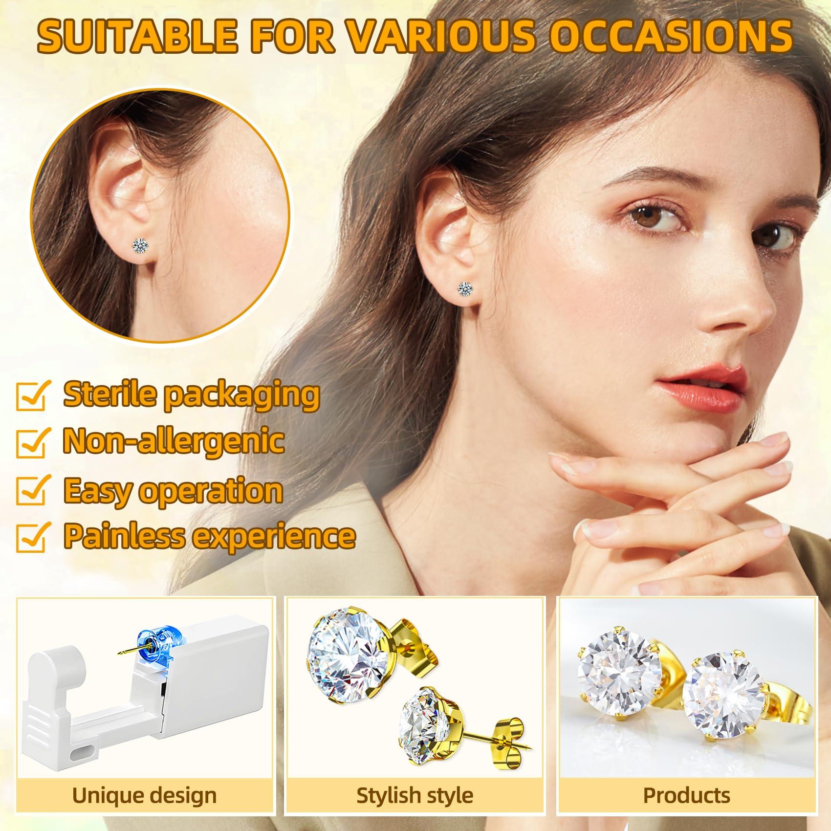 Novopiercing 24 Pcs Ear Piercing Kit Disposable Ear Piercing Gun Kit with 8 Pcs Gold-Plated CZ Earrings Stud 8 Pcs Self Piercing Gun and 8 Pcs Cleaning Pads