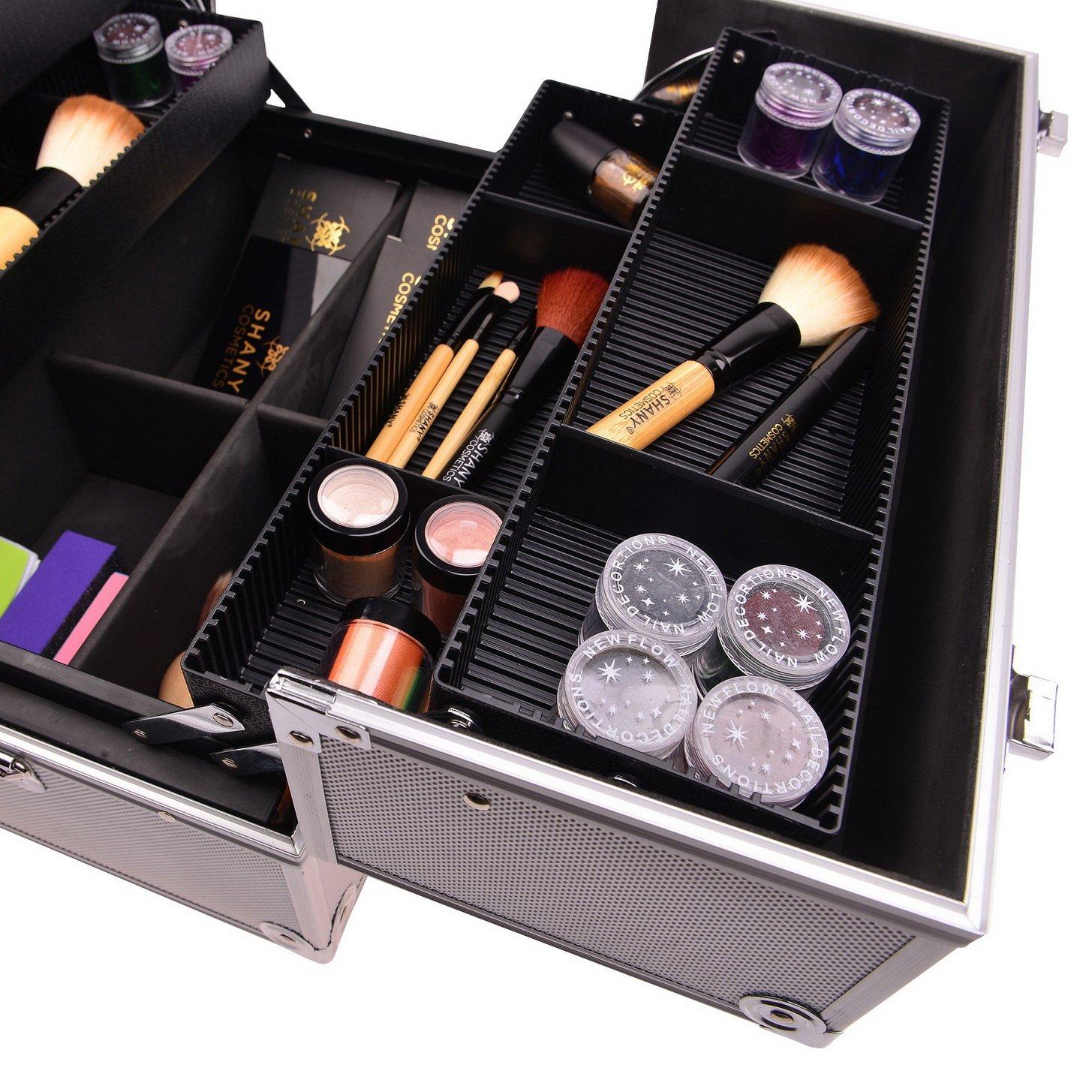 SHANY SHANY Essential Pro Makeup Train Case Cosmetic Box Portable Makeup Case Cosmetics Beauty Organizer Jewelry storage with Locks, Multi Compartments Makeup Box and Shoulder Strap - Silver