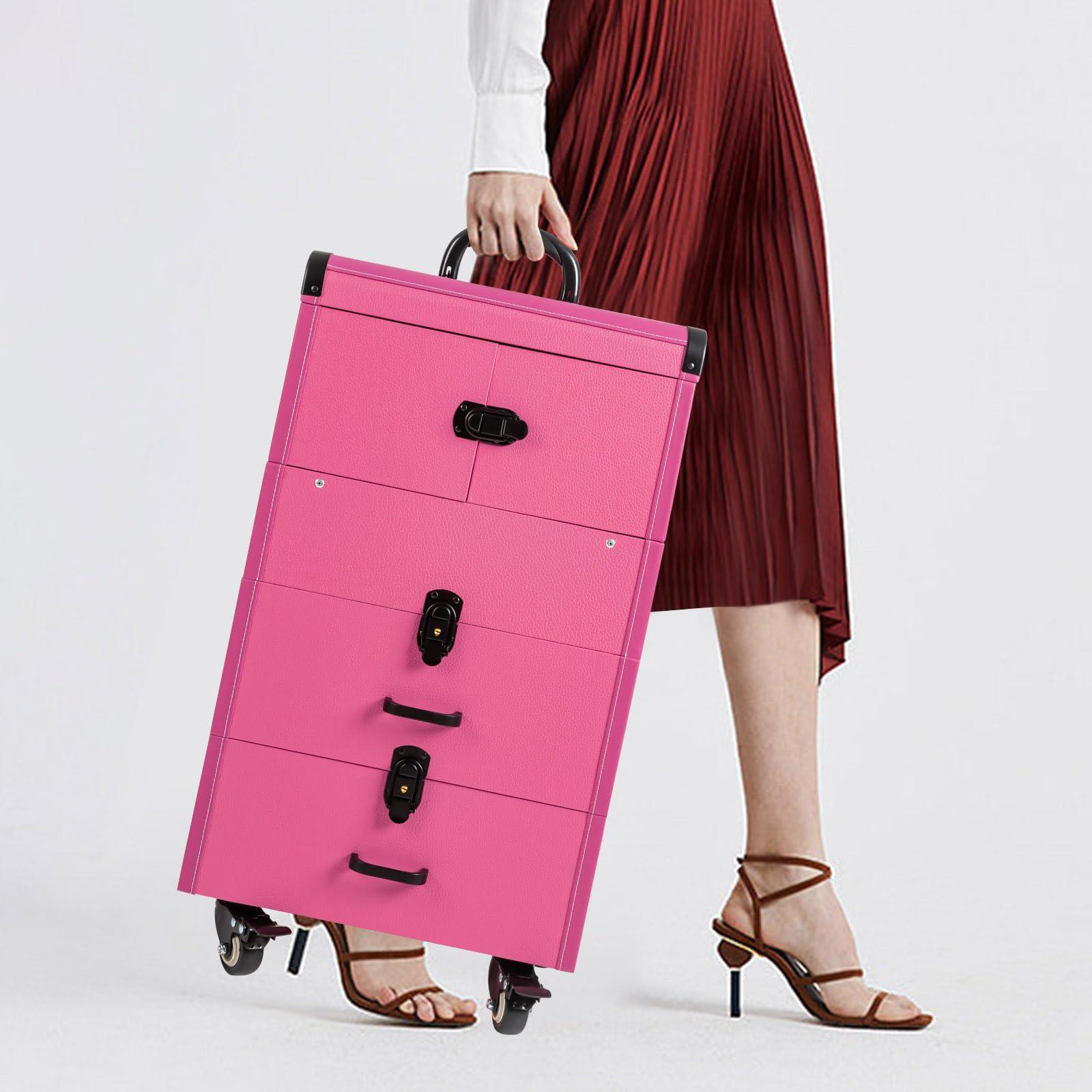 CapBoator 3 in 1 Professional Makeup Trolley Cart, Large Storage Rolling Makeup Case 4 Tray 2 Drawer, Lockable Cosmetic Train Case with Wheels, Salon Barber Case Traveling Cart for Hairstylist, Black (Purple)