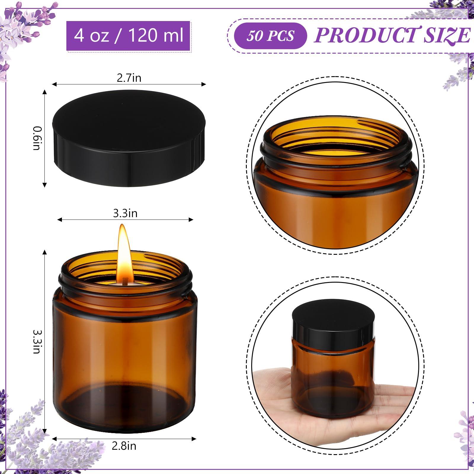 kymqlyw 50 Pcs 4 oz Amber Glass Jars with Black Lids Leakproof Round Airtight Jars Empty Cosmetic Jars with Inner Liners Lid for Candle Making Storing Lotions Spice Powder Liquid Sample Makeup (Black,Amber)