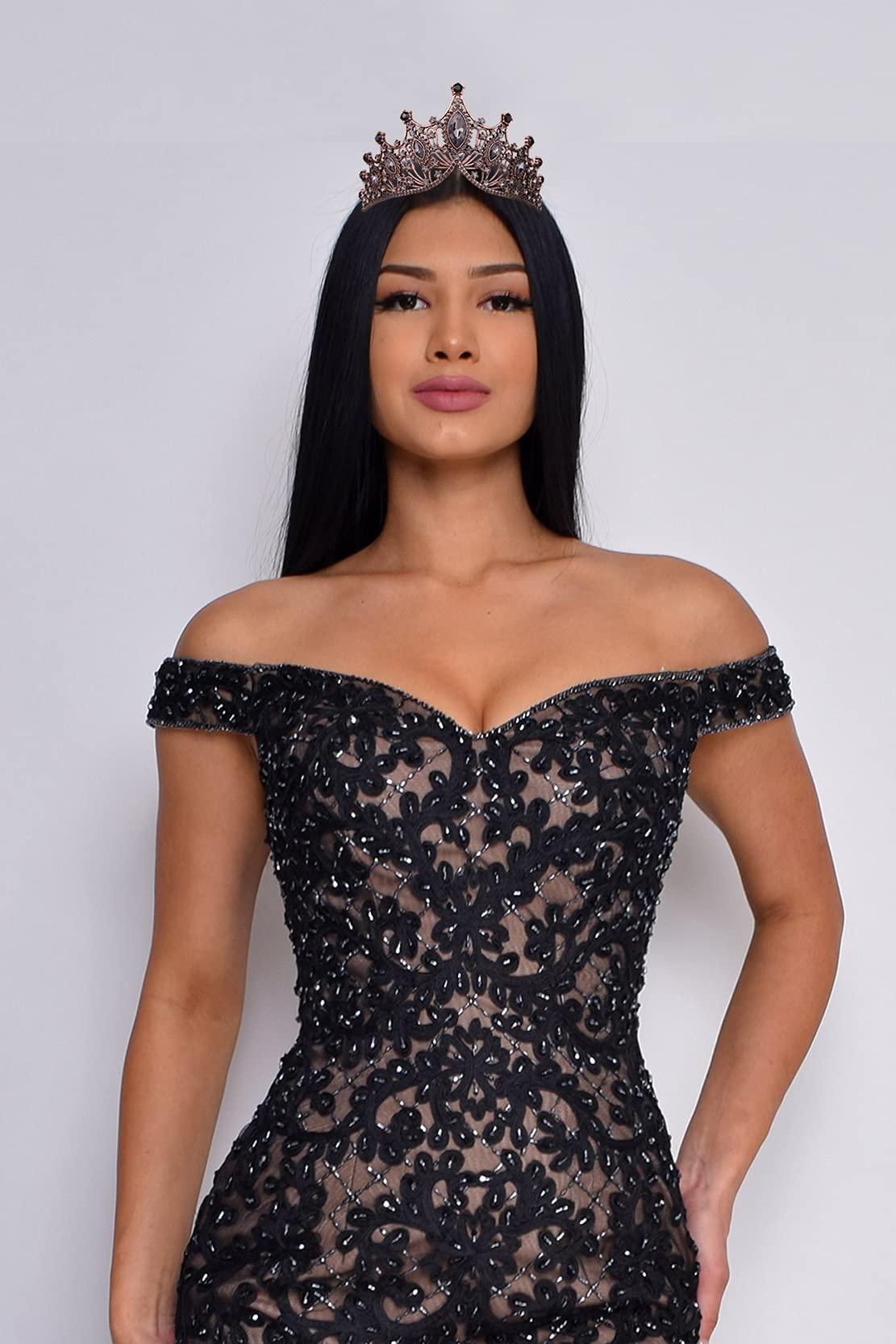 Vofler Black Crown, Evil Queen Costume Black Swan Witch Vampire Tiara for Women - Vofler Halloween Gothic Headpiece for Bride Princess Girl Birthday Cosplay Party Wedding Prom Quinceanera Pageant Homecoming