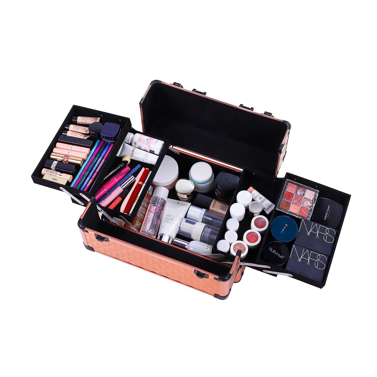Algasan 4-in-1 Rose Gold Makeup Train Case, Draw-bar Style Interchangeable Aluminum Rolling Makeup Case- (13.78 x 9.84 x 29.53)" (L x W x H)