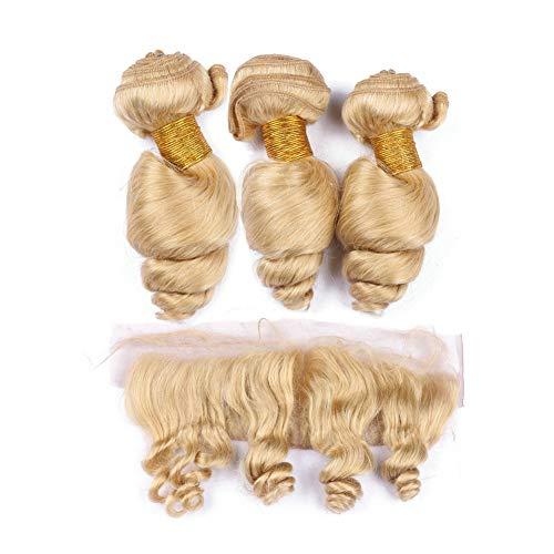 Generic #613 Blonde Loose Wave Brazilian Human Hair 3 Bundles and Frontal Ear to Ear 4Pcs Lot Bleach Blonde Loose Wavy Virgin Human Hair Lace Frontal 13x4 with Weave Wefts (10 10 10 with 8)