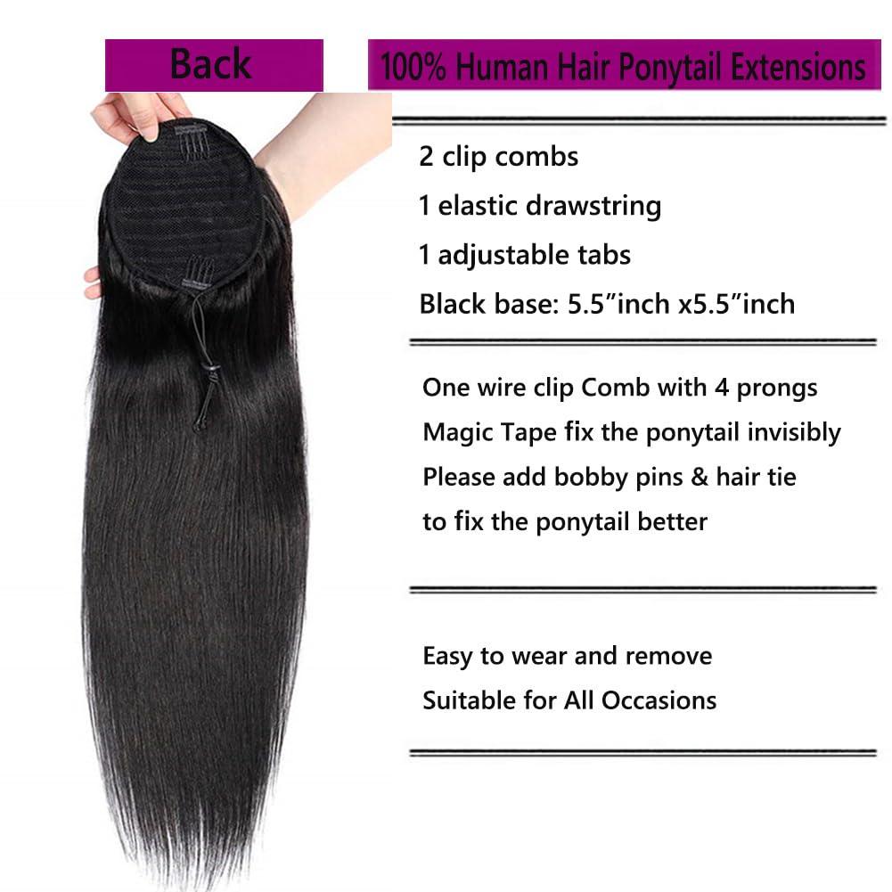 Kiss darling LASHES Drawstring Ponytail Straight Human Hair Clip in Hair Extension 28inch 150g Natural Black 100% Brazilian Human Hair Ponytails Hair Piece for Women Full Thick Ponytail