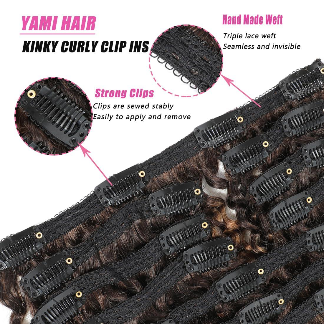 YAMI YAMI Kinky Curly Clip in Hair Extensions10Pcs Clips Triple Weft Brazilian Remy Human Hair 3C 4A curly Clip in Extensions 120g Afro Kinky Curly Clip ins for Black WomenP4/30,10inch)