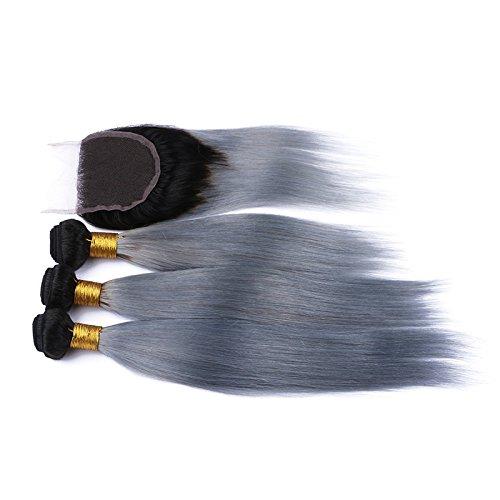 Ruma Hair Ruma Hair Dark Roots Silver Grey Ombre Virgin Hair Weave With Closure 4Pcs Lot Two Tone 1B Grey Ombre Human Hair 3 Bundles With 1Pc Straight 4x4 Lace Top Closure (20 with 22 24 26)