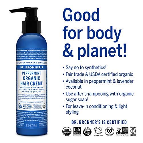 Dr. Bronner's Dr. Bronner\'s - Organic Hair Crme (Peppermint, 6 Ounce, 2-Pack) - Leave-In Conditioner and Styling Cream, Made with Organic Oils, Hair Cream Supports Shine and Strength, Nourishes Scalp, Non-GMO