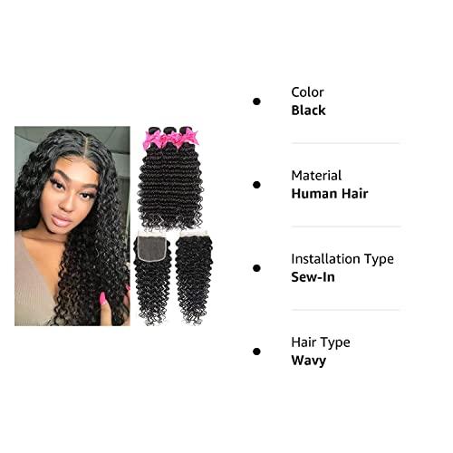 Aatifa Brazilian Deep Wave Curly Virgin Human Hair Bundles with 4X4 Free Part Lace Closure Unprocessed Human Hair Extensions Natural Black (18 20 22 24+16,lace closure)