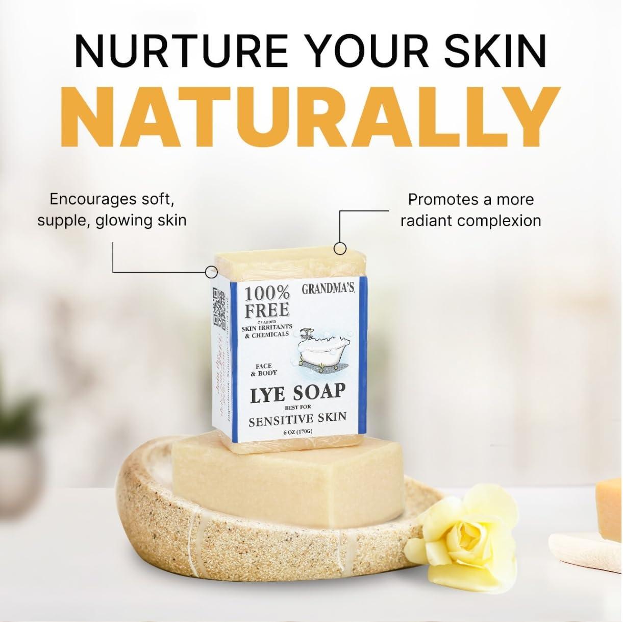 CLASSYONE CLASSYONE Grandma's Pure Lye Soap Bar for Sensitive Skin, Unscented Face & Body Wash Soap for Dry & Itchy Skin, Bundled with Wonder Wafers Baby Powder Air Freshener - 6.0 oz, Pack of 6