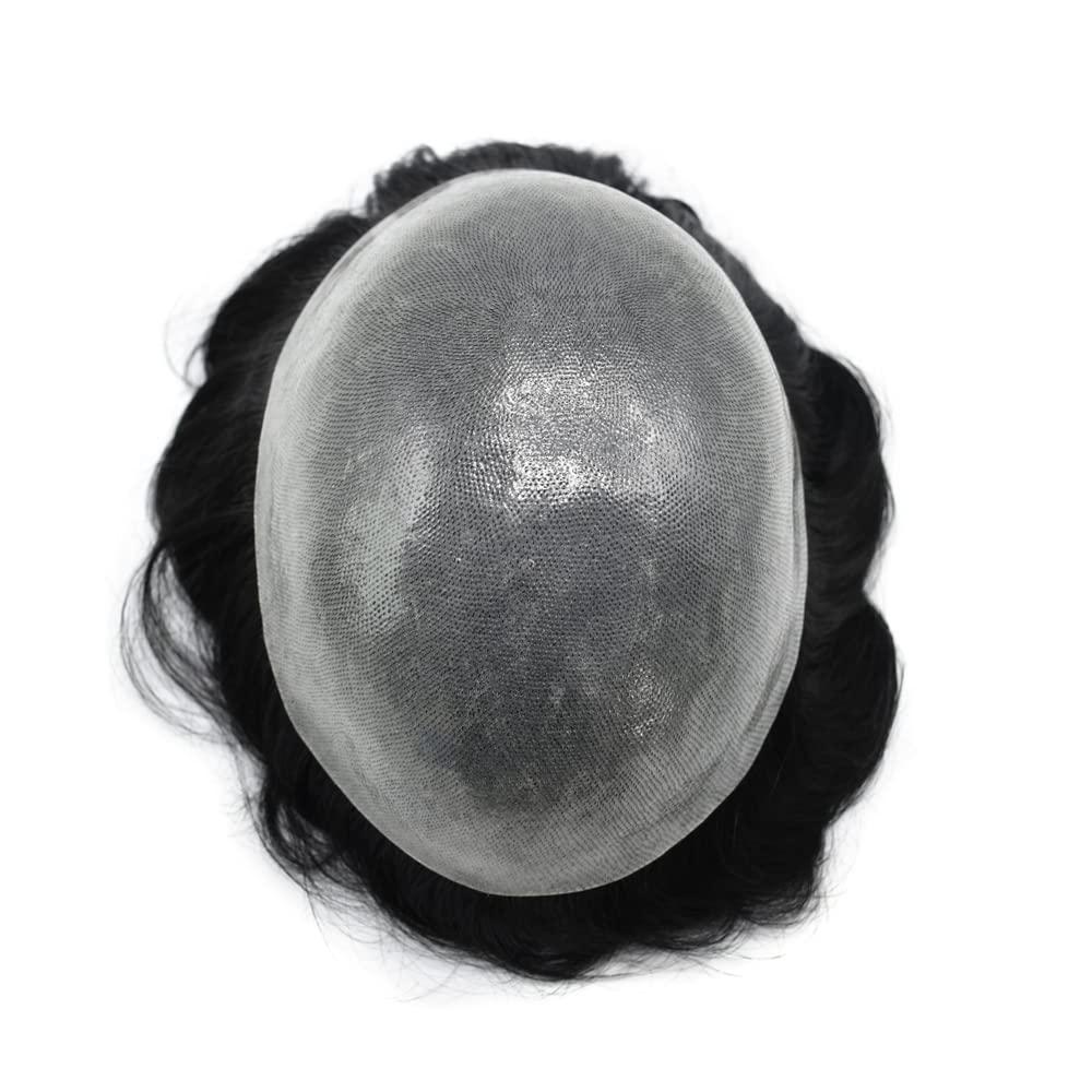 Generic Mens Toupee Human Hair HAIR WONDERS Toupee For Men Hair Units Full 0.12mm Thin Skin Hair System with Natural Hairline Mens Hair Piece (6\'\'*8\'\', #1B10 1B# OFF BLACK WITH 10% SYNTHETIC GREY-120% medium light to medium density)