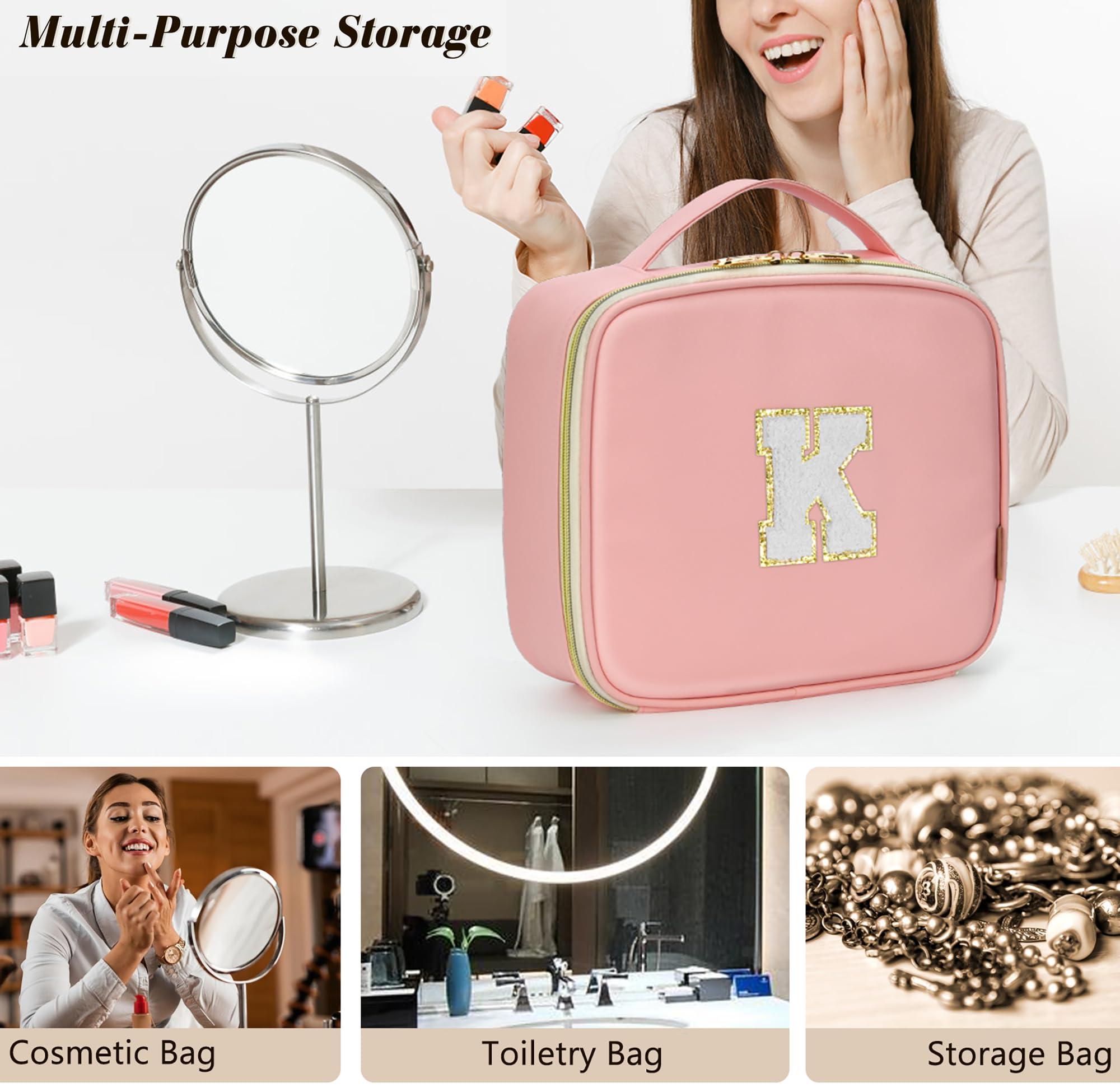 BAGNN Initials Travel Makeup Case Birthday Mothers Day Gifts for Women, Personalized Makeup Cosmetic Train Case Organizer with Adjustable Dividers, Makeup Organizer Bag for Make up Brushes, Pink, Q.