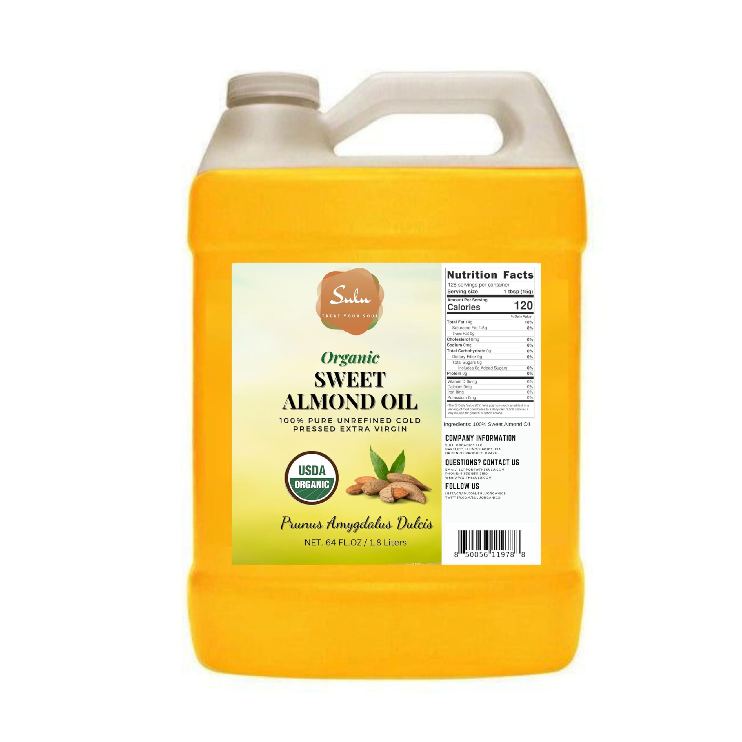 SULU Certified Organic Unrefined Cold Pressed Sweet Almond Oil- 4 lbs/64 fluid ounces