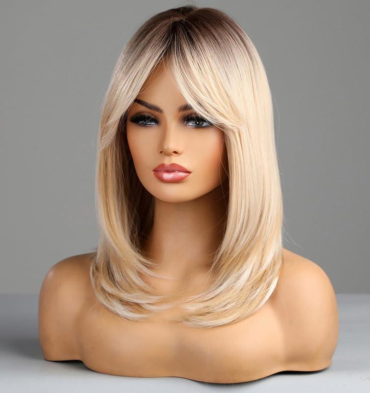 vedar vedar Honey Blonde Wigs with Bangs, Ombre Brown to Blonde Synthetic Hair Wig, Middle Part Shoulder Length Part Natural Straight Wigs for Women, VEDAR-163