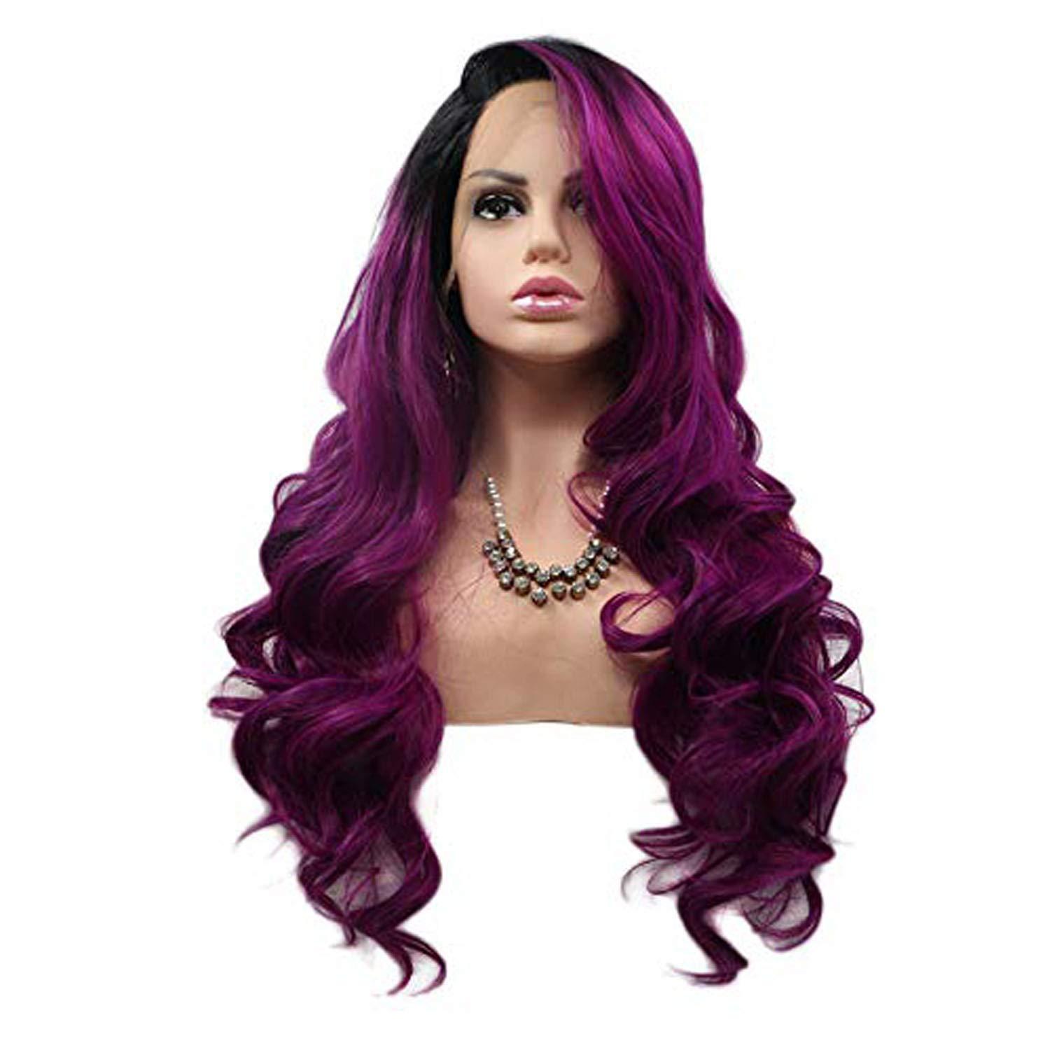 Karissa Hair Purple Lace Front Wigs for Women Body Wave Long Synthetic Realistic Hair Wig with Black Roots Glueless Hair Replacement Wigs 24 Inch