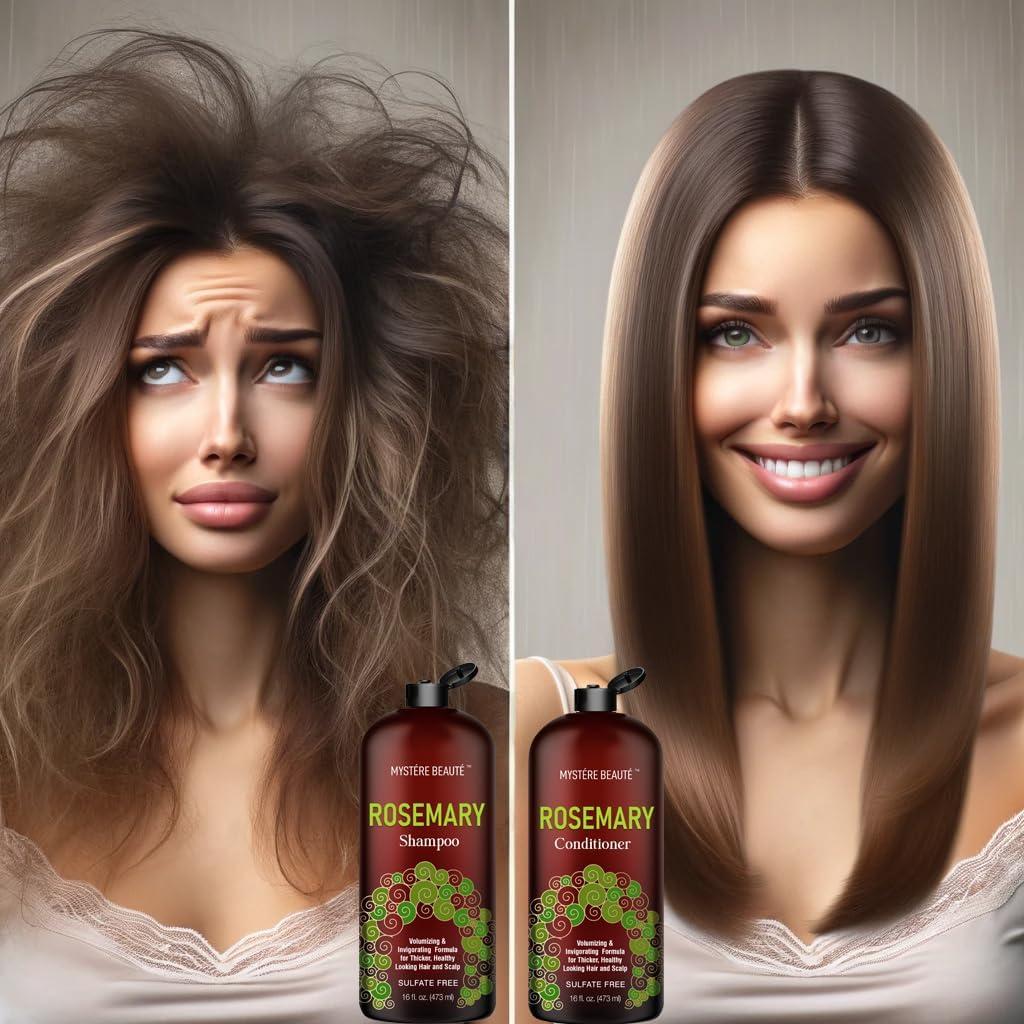 MYSTÉRE BEAUTÉ Rosemary Shampoo and Conditioner, Rosemary Oil Shampoo Promotes Hair Growth & Scalp Health, Rosemary Shampoo for Hair Growth Organic - Sulfate & Paraben Free, for Men Women - 16 fl oz each