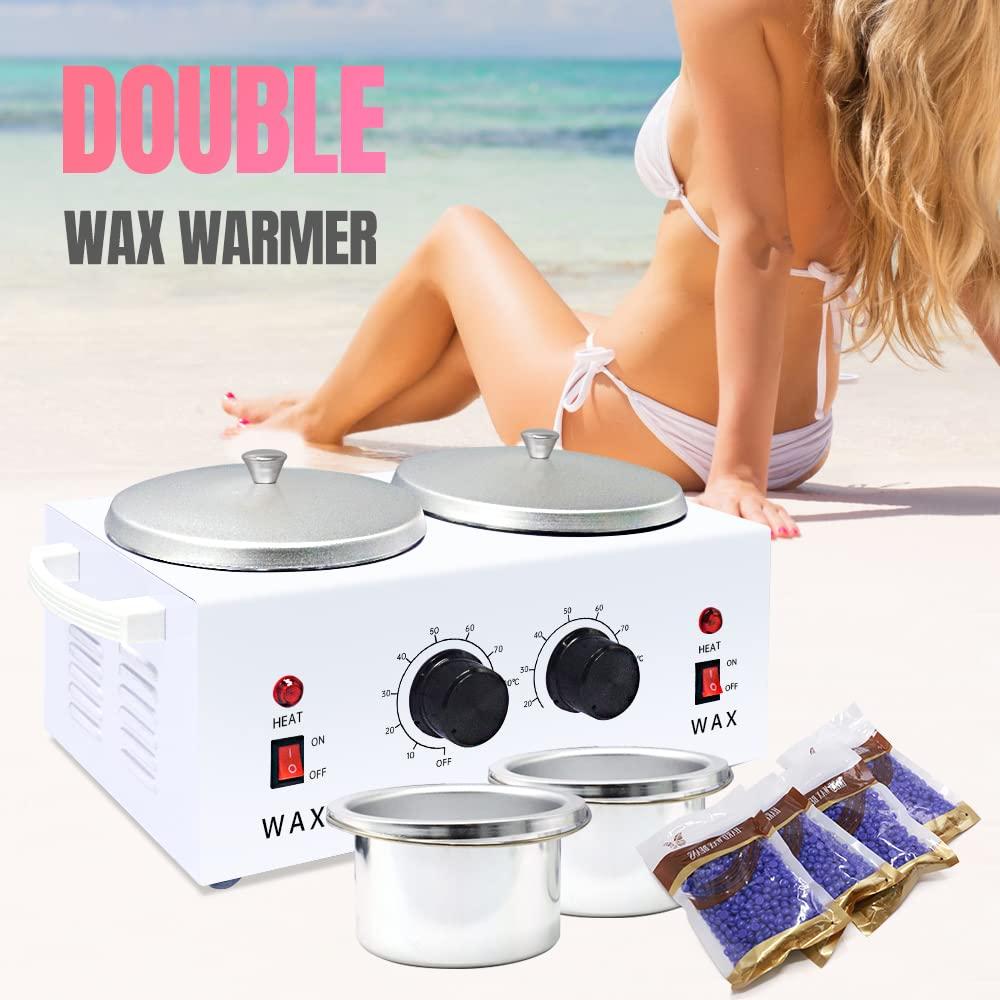 TOAUTO Double Wax Warmer Kit, Professional Dual Waxing Pot with 4 Pack Wax Beans 100pc Wooden Sticks,110V Electric Heater Machine for Hair Removal Home/Salon/SPA Adjustable Temperature