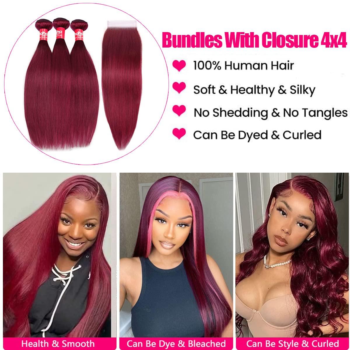 haha Haha 99J Burgundy Bundles With Closure Human Hair Straight Wine Red Human Hair Bundles With 4x4 Lace Closure Pre Plucked Free Part 10A Brazilian Raw Remy Virgin Hair Extensions 16 18 20+14