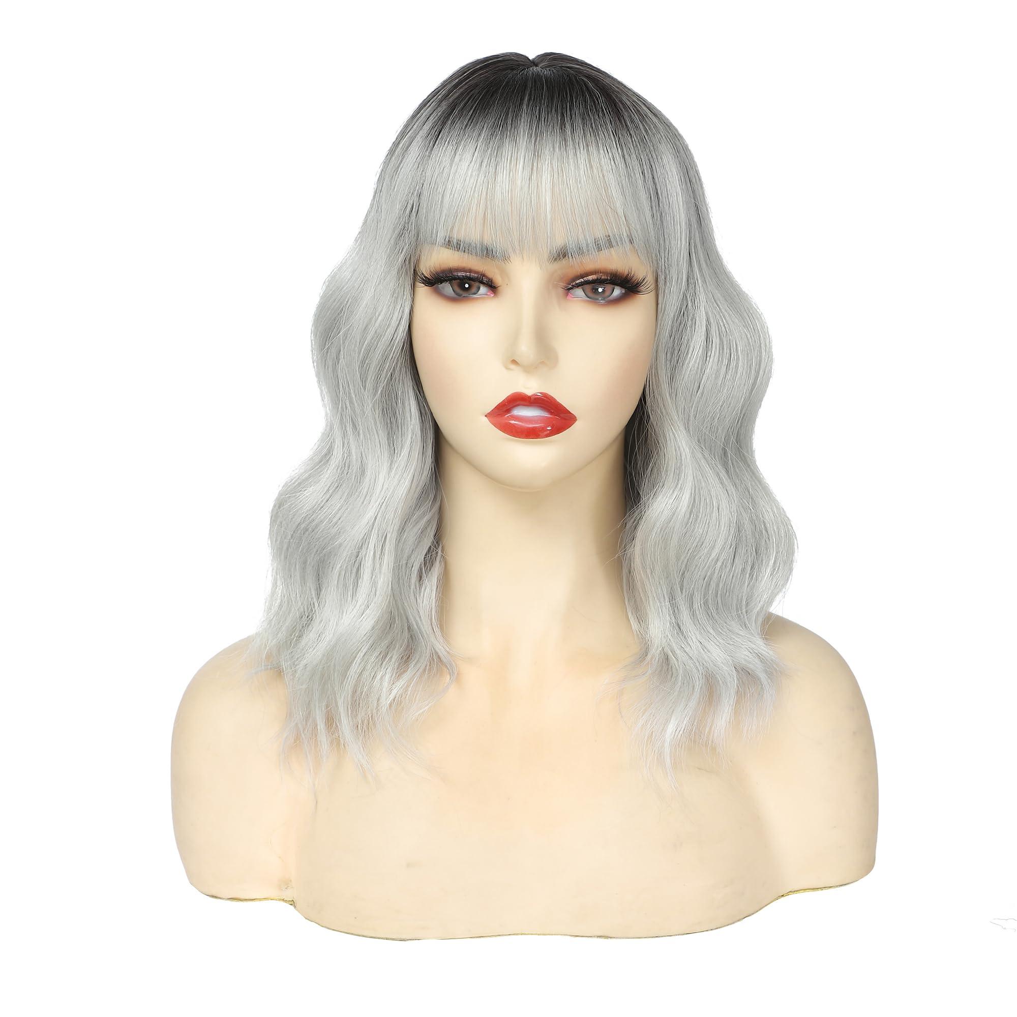 Miuric Miuric Short White Silver Wig with Bangs Ombre Grey Wigs for Women Girls Wavy Bob Wig Shoulder Length Synthetic Hair Dark Roots Wig for Halloween Cosplay Party Daily(14 Inches)