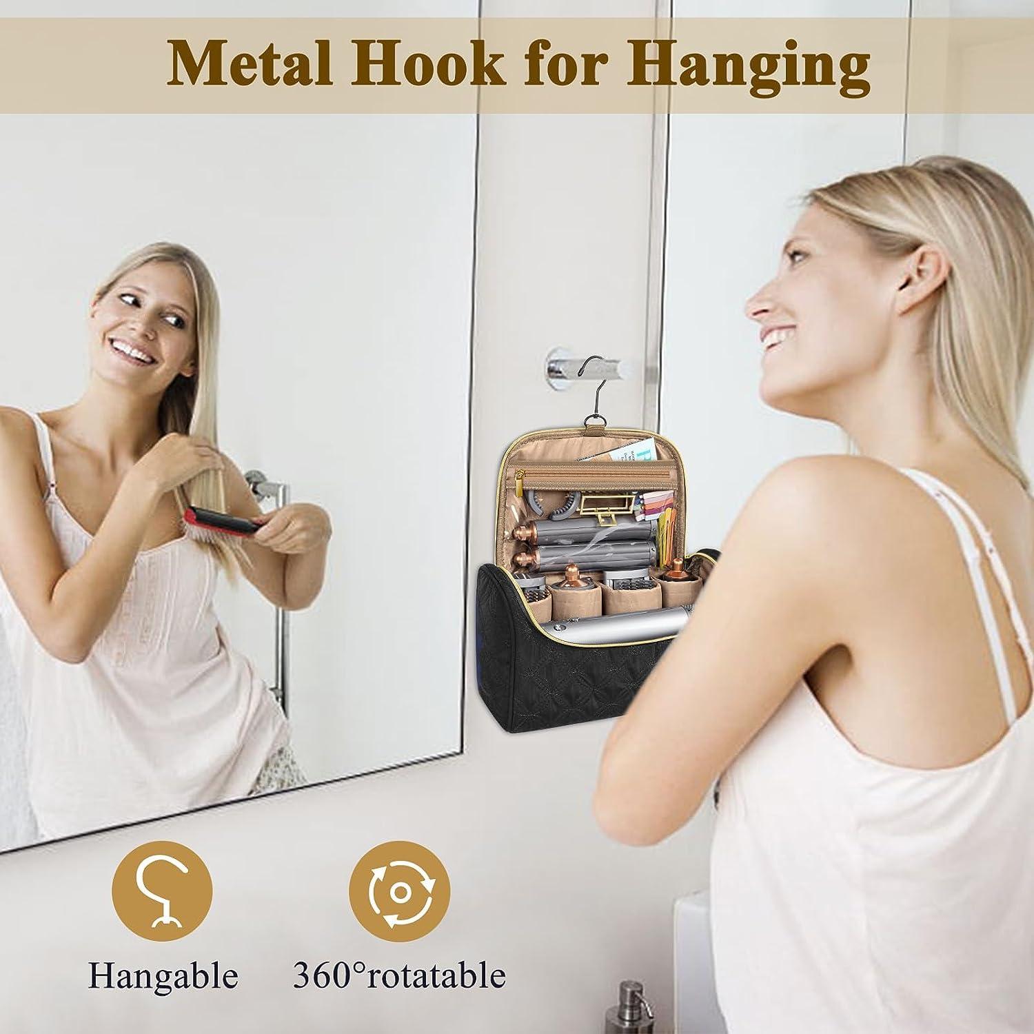 Mancro Padded Travel Case Compatible with Dyson Airwrap Complete Styler and Attachments, Portable Storage Bag with Metal Hanging Hook for Airwrap All Models, Long Barrels, Hair Curler Accessories, Blue+Black