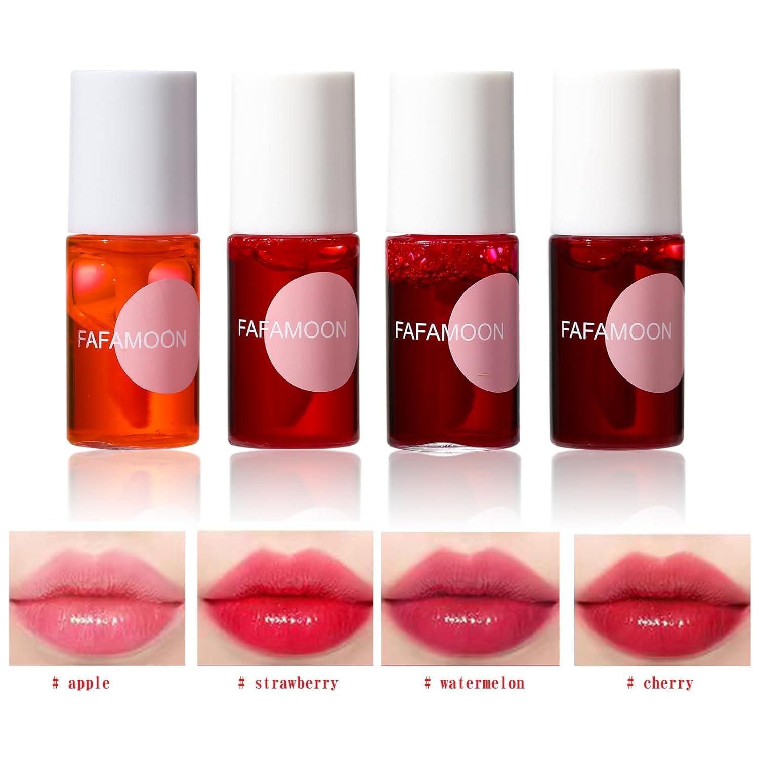 Krisuary Long Lasting Lip Gloss - 4 Colors Fruit Juice Lip Tint Set,Mini Liquid Water Tint,Waterproof Lip Stain,Multi-Use Lip And Cheek Tint,Non-Sticky Moisturizing Lip Stain (2 * 02#Strawberry)