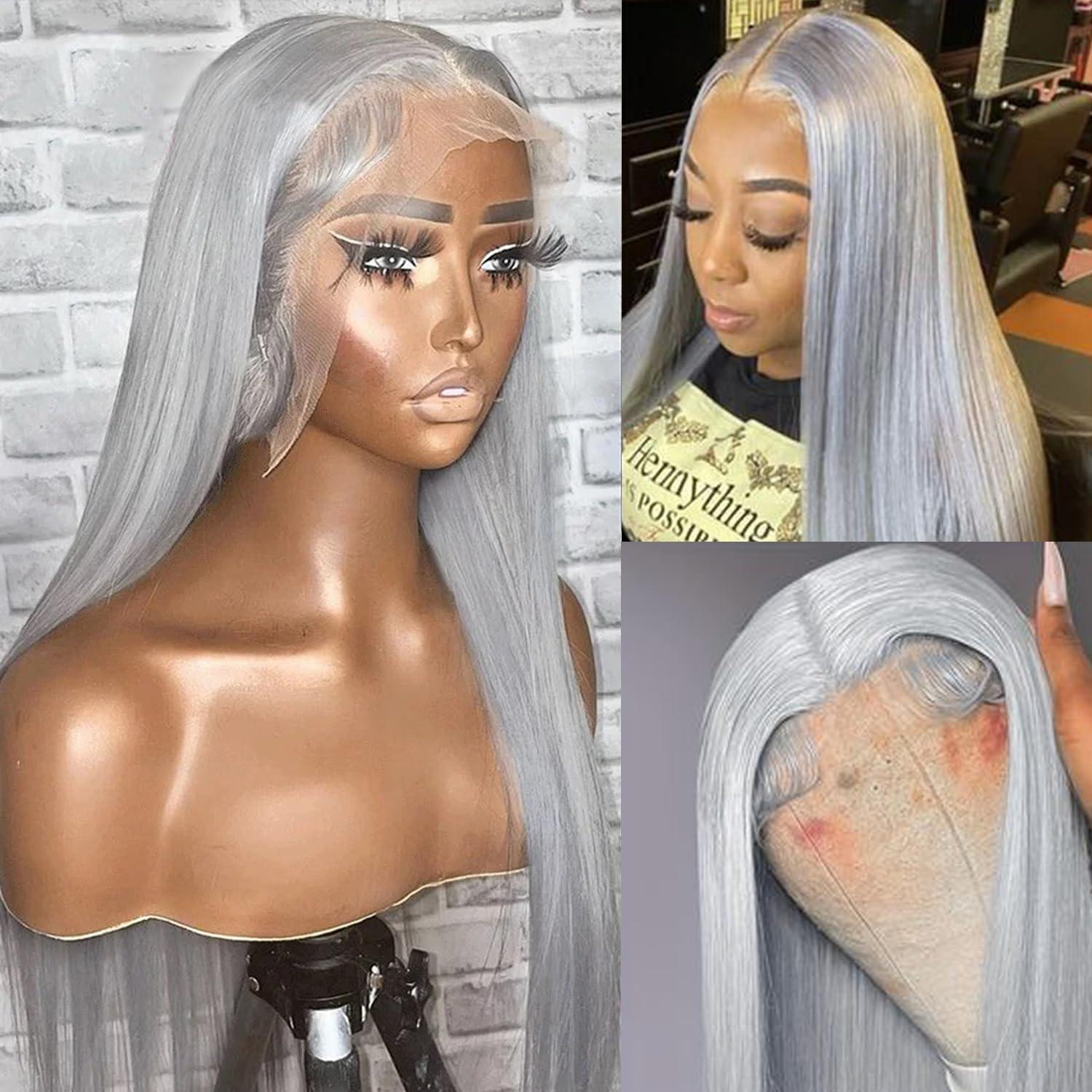 Ubetta Grey Lace Front Wigs Human Hair 28 Inch 13x6 Silver Grey Wig Human Hair Pre Plucked Glueless HD Lace Front Grey Wigs for Black Women 180% Density Colored Grey Straight Human Hair Lace Front Wigs