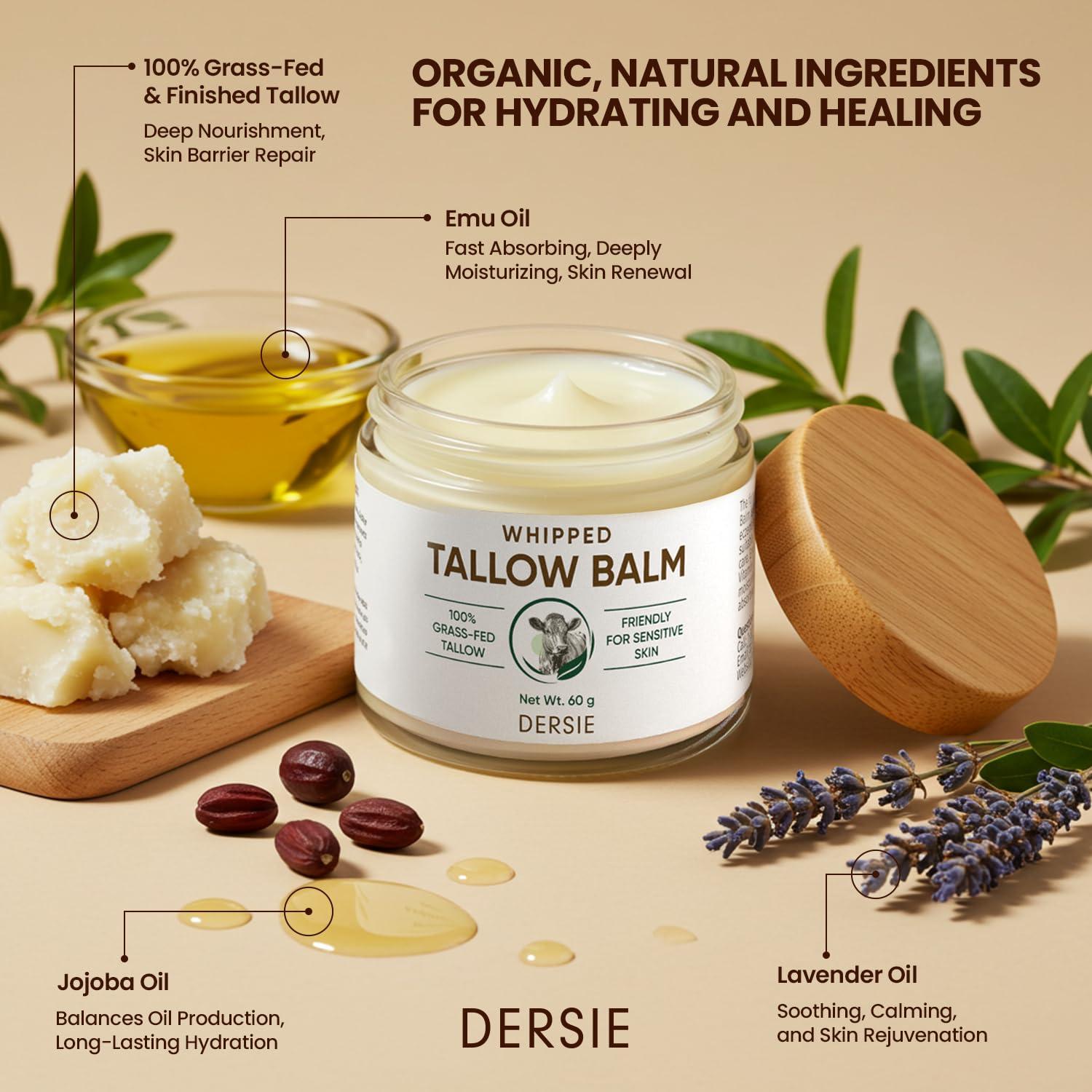Dersie Whipped Beef Tallow Balm for Skin: Tallow Face Moisturizer with Australia Emu Oil, Blue Cypress, Sandalwood Oil Fresh Herbal Scent - Eczema Relief - Suitable for Sensitive Skin - 2.12 OZ