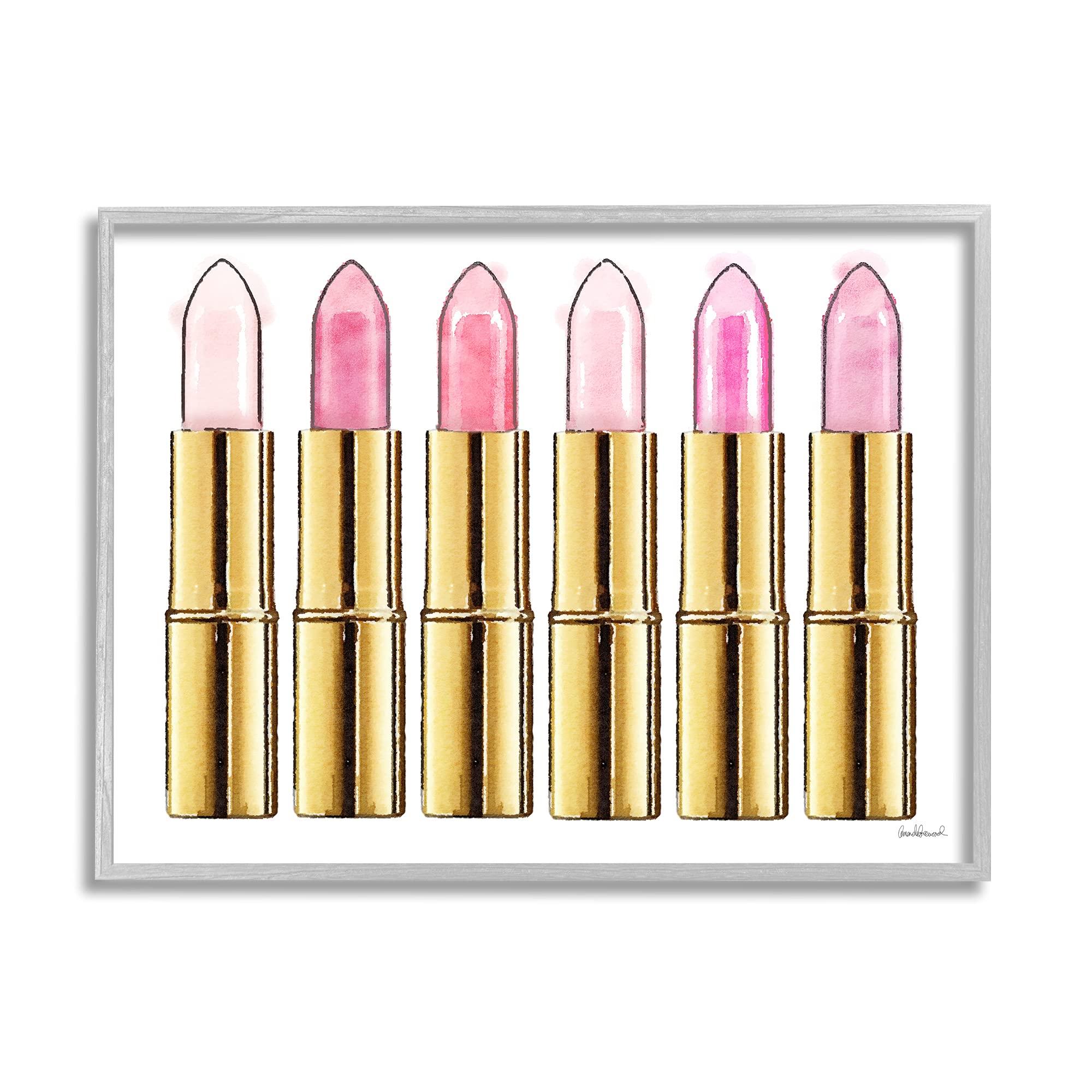 Stupell Industries Stupell Industries Pink Gold Lipstick Glam Fashion Watercolor, Designed by Amanda Greenwood Wall Art, 24 x 1.5 x 30, Gray Framed