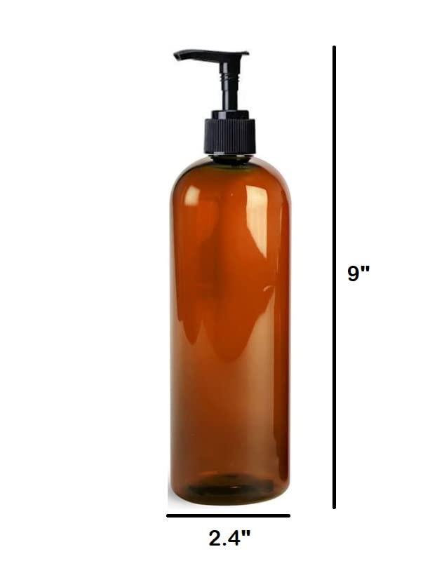 Generic 6 Pack 16 oz (475 ml) Slim Plastic PET Bottles with 3 Black Lotion Pump Dispensers and 3 Black Disc Caps and 6 Waterproof 2.5\" Square Labels | Made in USA | Mountainleaf (Amber Bottle with Label)