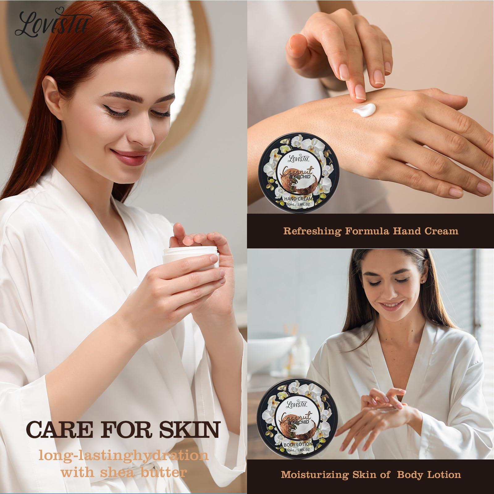 LOVESTEE Valentines Day Spa Gift Baskets For Women, Spa Gifts For Women, Coconut & Orchid Bath & Body Set, Includes Shower Gel, Hand Cream, Body Lotion, Candle And More, Gifts For Women, Gift For Mom