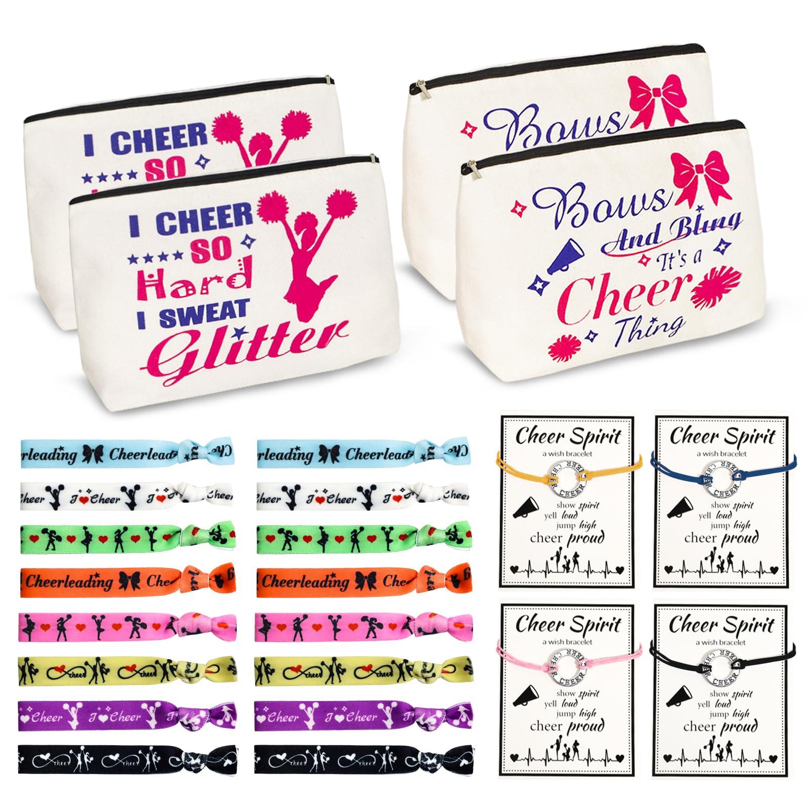 BEDSIFV BEDSIFV Cheerleader Gifts, 24pcs Cheerleading Gifts for Girls 4 Cheer Makeup Bags 16 Hair Ties 4 Wish Bracelets Personalized Cheer Stuff for Cheerleaders Cheer Sister Cheer Mom