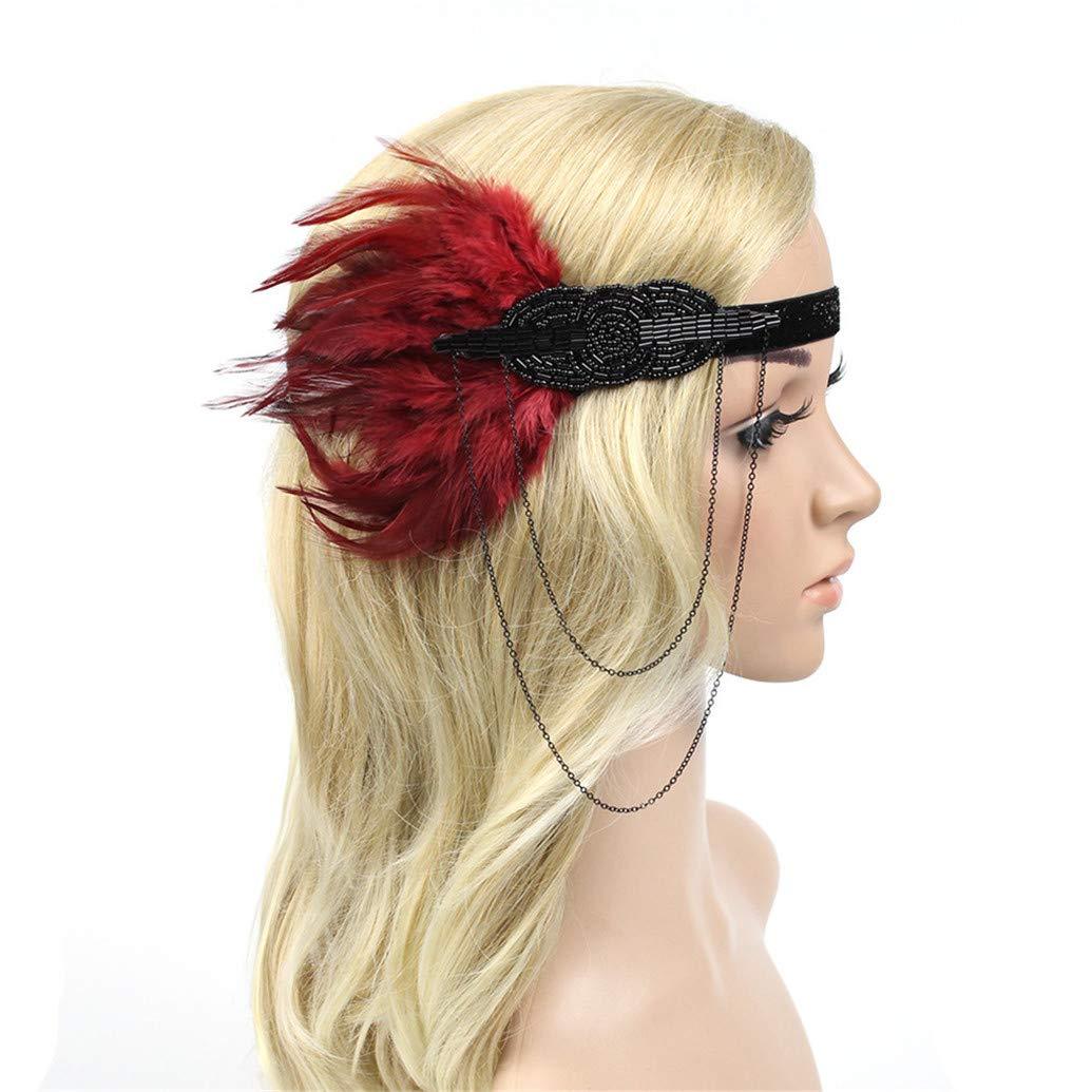 Lovfingu Women\'s Flapper Feather Headband 1920s Art Deco Roaring 20s Great Gatsby Headpiece Gatsby Costume Wine Red