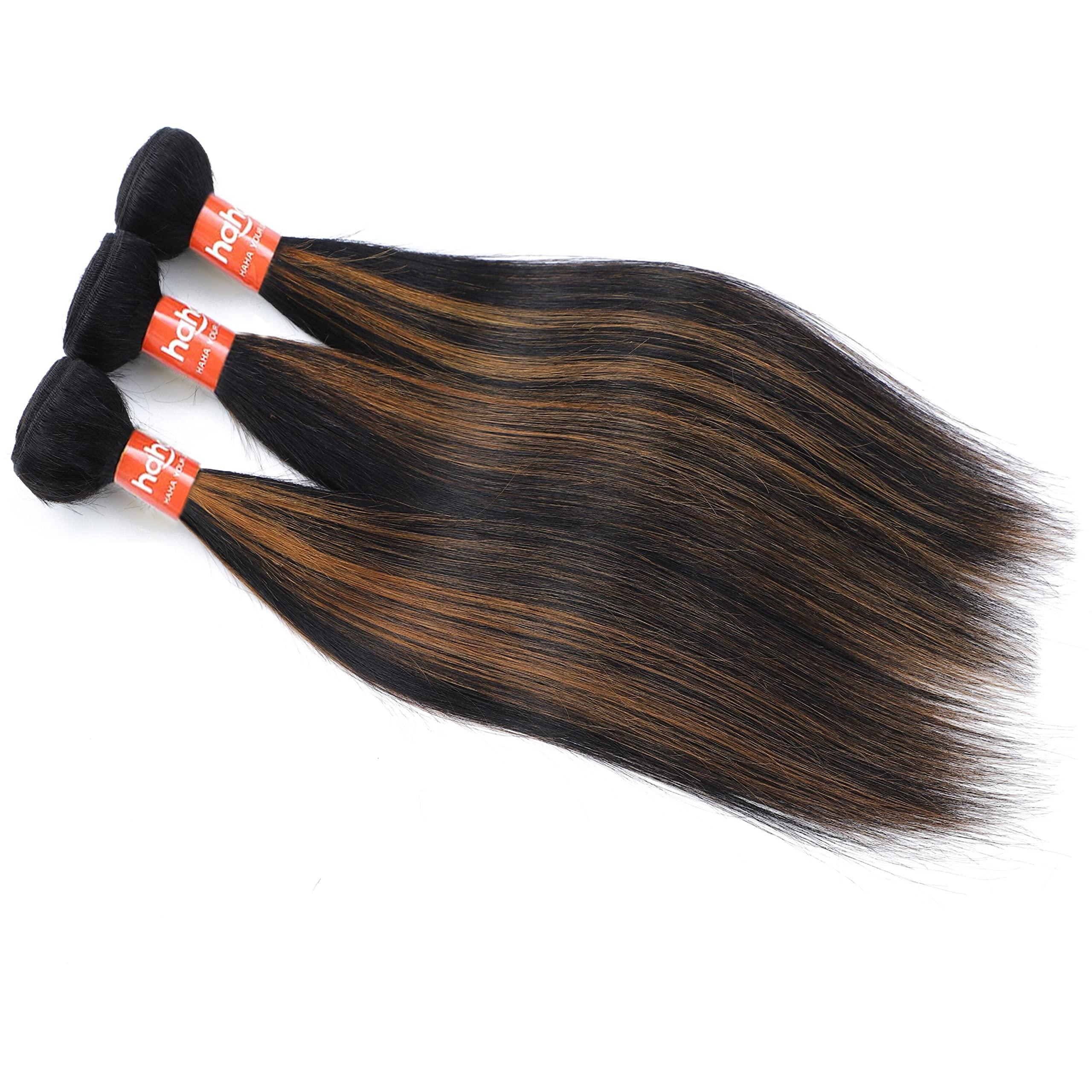 haha Haha Ombre Straight Bundles Human Hair Brown Highlight Human Hair 3 Bundles Brazilian Remy Virgin Hair Sew In Bundles For Women Black Brown Piano Color Hair Weave Extensions 16 18 20 Inch FB30