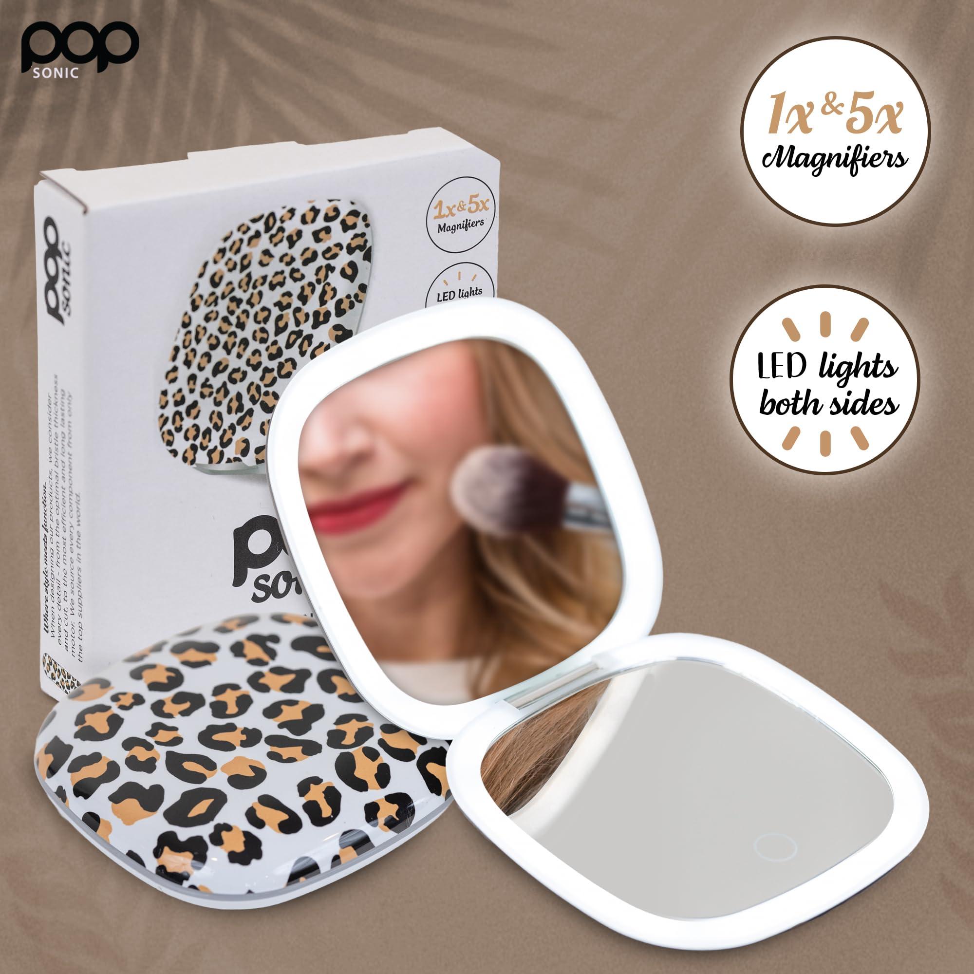 Pop Sonic Square LED Compact Mirror - Adjustable Brightness Light Up Travel Mirror w/ 1x/5x Magnifiers - Portable Makeup Mirror w/Dual-Sided LED Lights (leopard)
