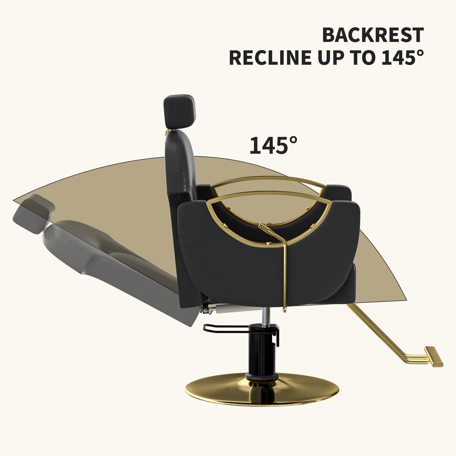 Charmmade Salon Chair Reclining Barber Chair Adjustable Recliner Styling Chair Hydraulic Adjust Height 360Swivel, Unique Headrest Design, Black and Gold