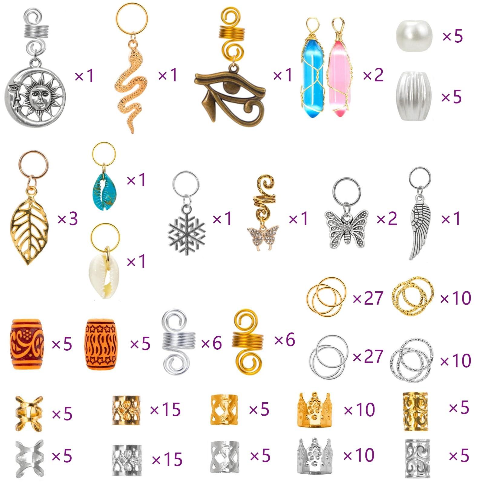 Tuefuzy 200 Pcs Hair Beads Jewelry, Dreadlock Jewelry for Hair Braids, Hair Accessories Gem Crystal Hair Charms, Metal Hair Coils Rings, Gold and Silver Hair Pendants, Braid Cuffs, Clips