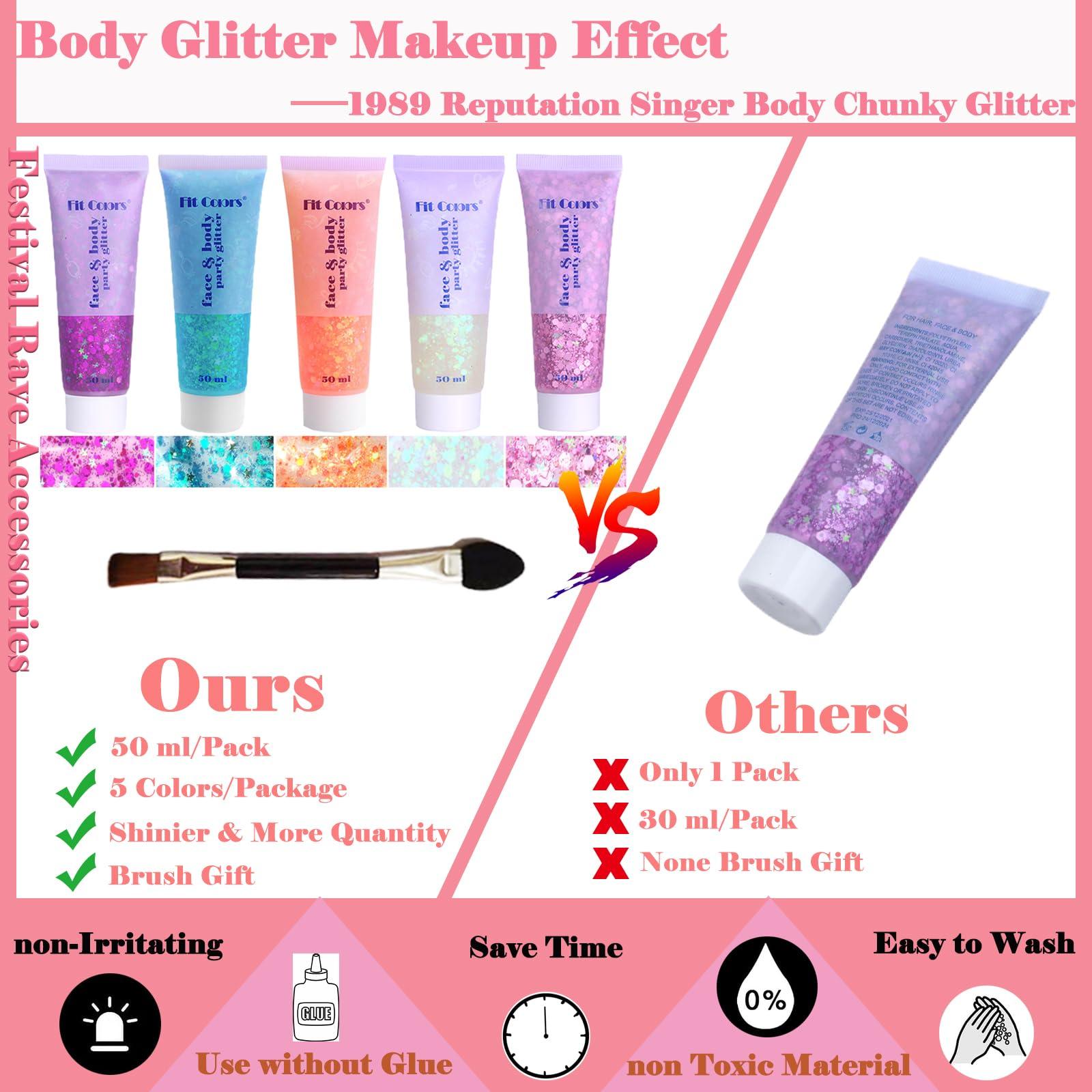 Angels Beauty Body Glitter Face Glitter Gel: Singer Concerts Disco Festival Rave Accessories Face Glitter Makeup 250ml Chunky Sequins Mermaid Face Body Hair Glitter Gel (White&Pink&Rose&Lake Blue&Orange)