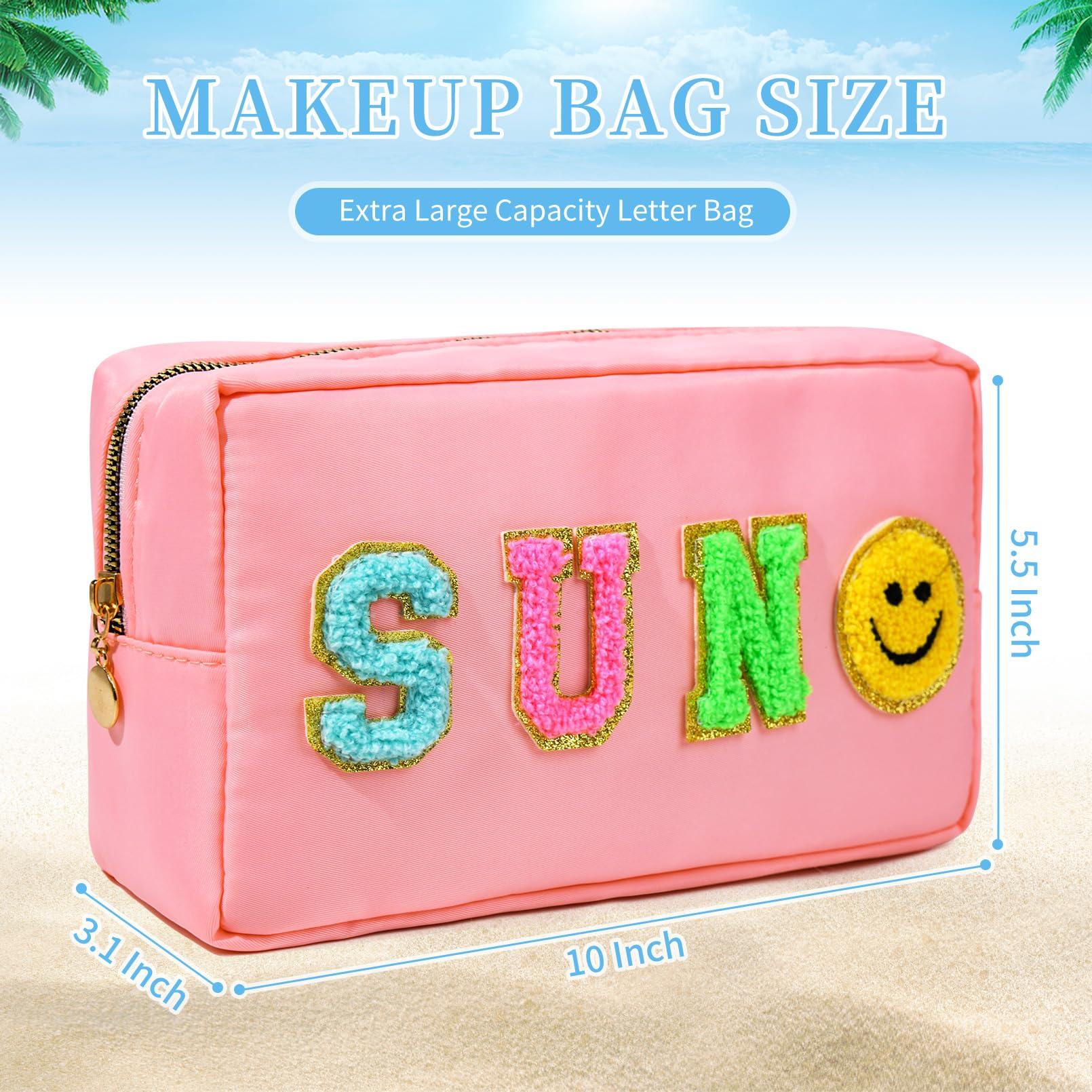 SOIDRAM Preppy Sun Makeup Bag Nylon Cosmetic Bag Stuff Makeup Pouch for Women Travel Toiletry Bag Organizer Cute Makeup Brushes Storage Bag with Chenille Letter Patches