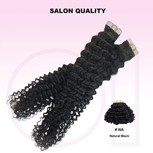 OiMiGO Natural Black Curly Hair Extensions, 40 Pieces 100g OiMiGO Brazilian Human Hair Kinky Curly Tape in Extensions 3C 4A Tape ins Extension for Black Women 22 Inch Soft Curly Tape Extensions Real Hair