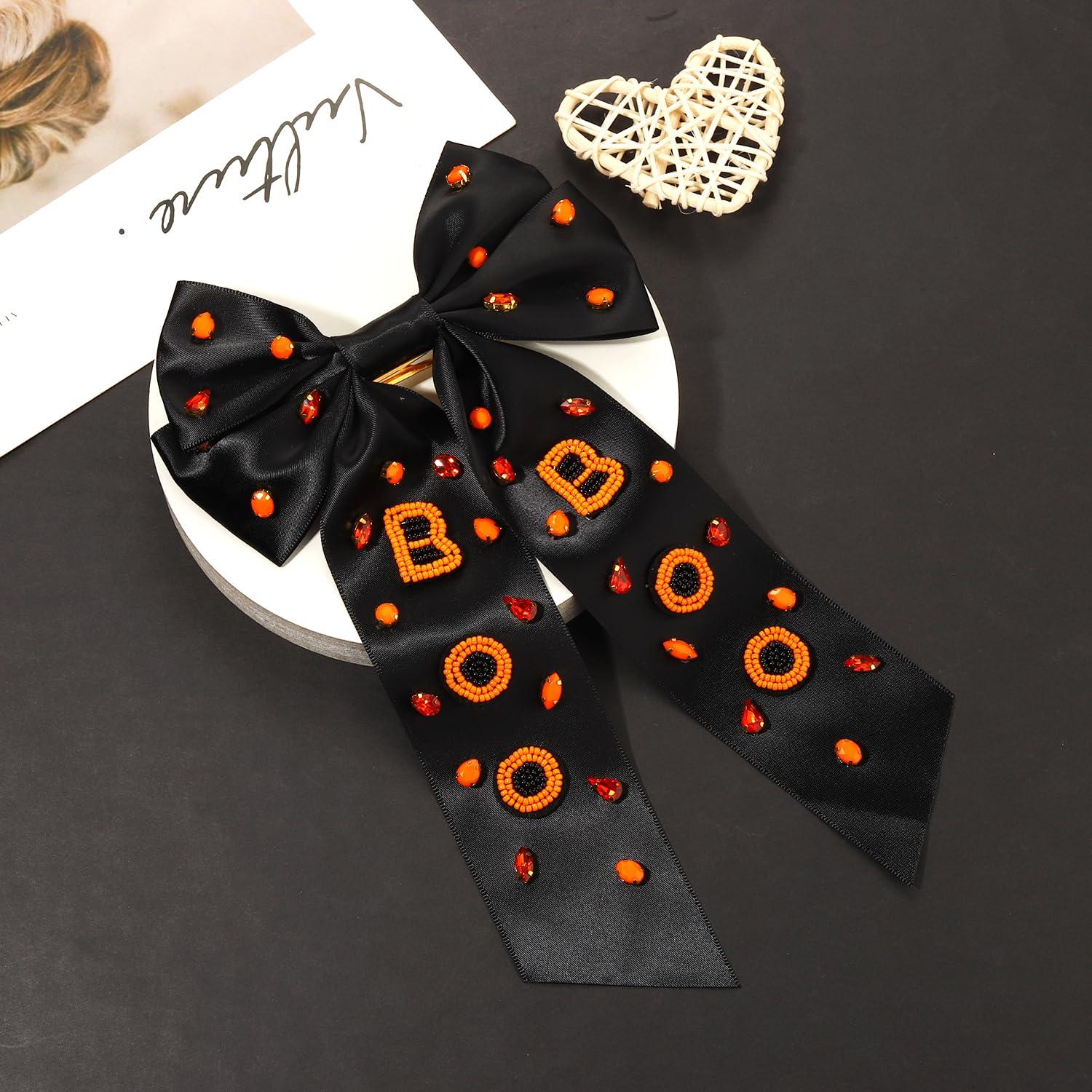 mokkia Halloween Hair Bows Clips for Women Halloween Accessories Outfits Big Spooky Pumpkin Boo Candy Corn Ghost Hair Bows Crystals Jeweled Orange Black Hair Ribbons Barrettes Costume Party Gifts (Pattern A)