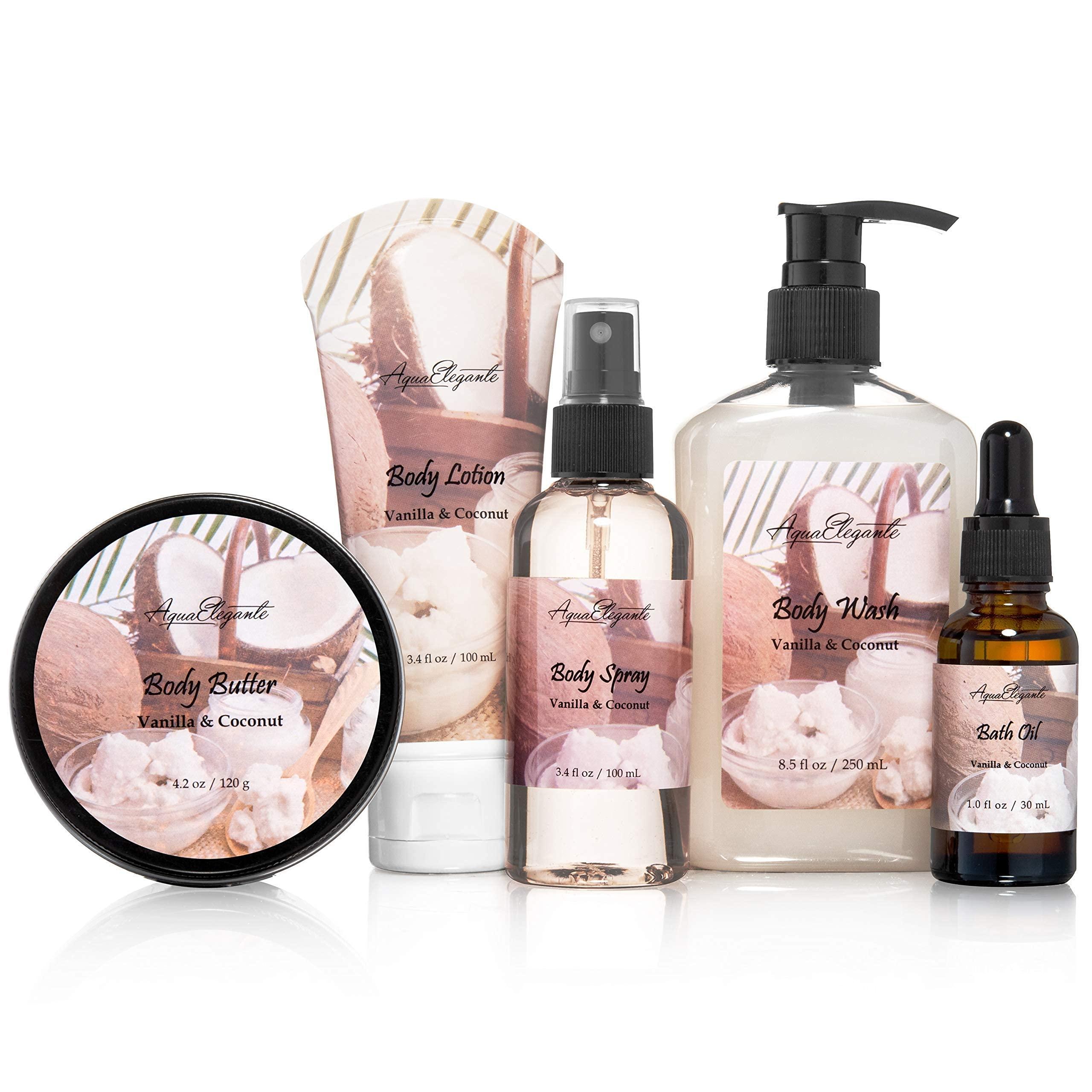 Aqua Elegante Bath Spa Gift Sets - Luxury Basket With Coconut & Vanilla - Spa Kit Includes Wash, Bubble Bath, Lotion, Bath Salts, Body Scrub, Shower Puff, Bathbombs, Soap and Towel