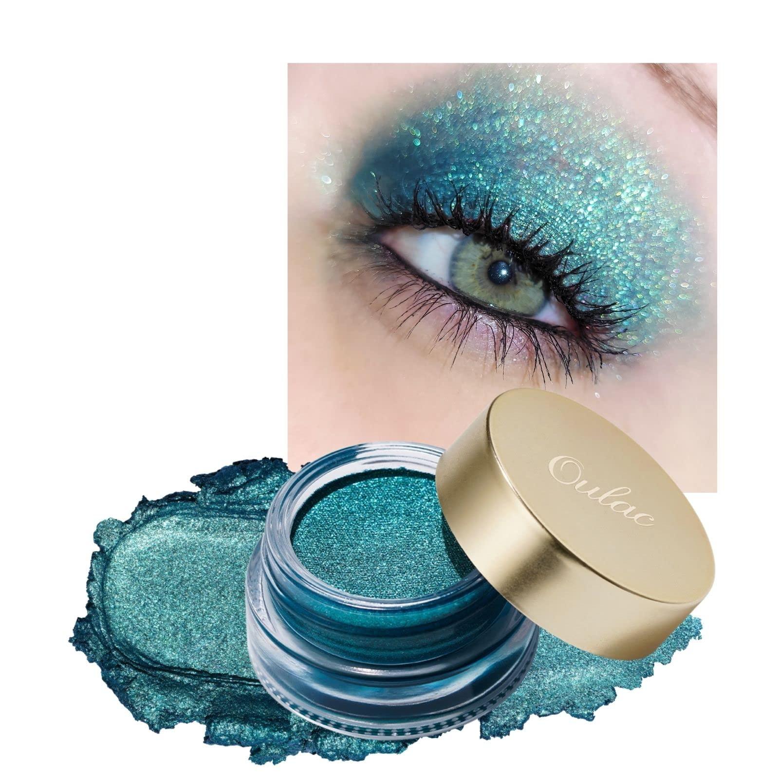 Oulac Oulac Teal Eyeshadow Green Glitter Eyeshadow Highly Pigmented Eye Shadow Waterproof & Long Lasting for Women with Moisturizing Formula. Multi-use for Highlighter. 6g (14)