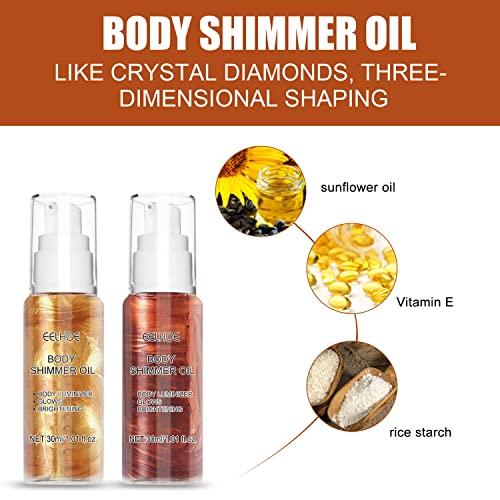 DMXYWO Body Shimmer Oil, Waterproof Moisturizing Liquid Highlighter Glow Body Makeup Illuminator, Face Brighten Shimmering Highlighter Bronze, Non-Sticky, Summer Body Glitter Gel Liquid Luminizer (Golden Brown)