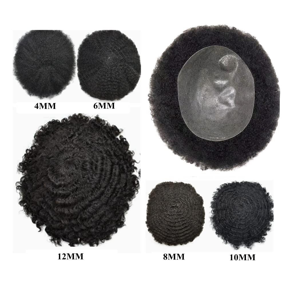 Hair Wonders Afro Toupee For Black Men Poly Skin Man Weave Hair Unit Black Men Mens Toupee Human Hair Kinky Curly Hair Toupee For Men African American Afro Toupee Gray Black Hair (1# JET BLACK-14mm afro wave)