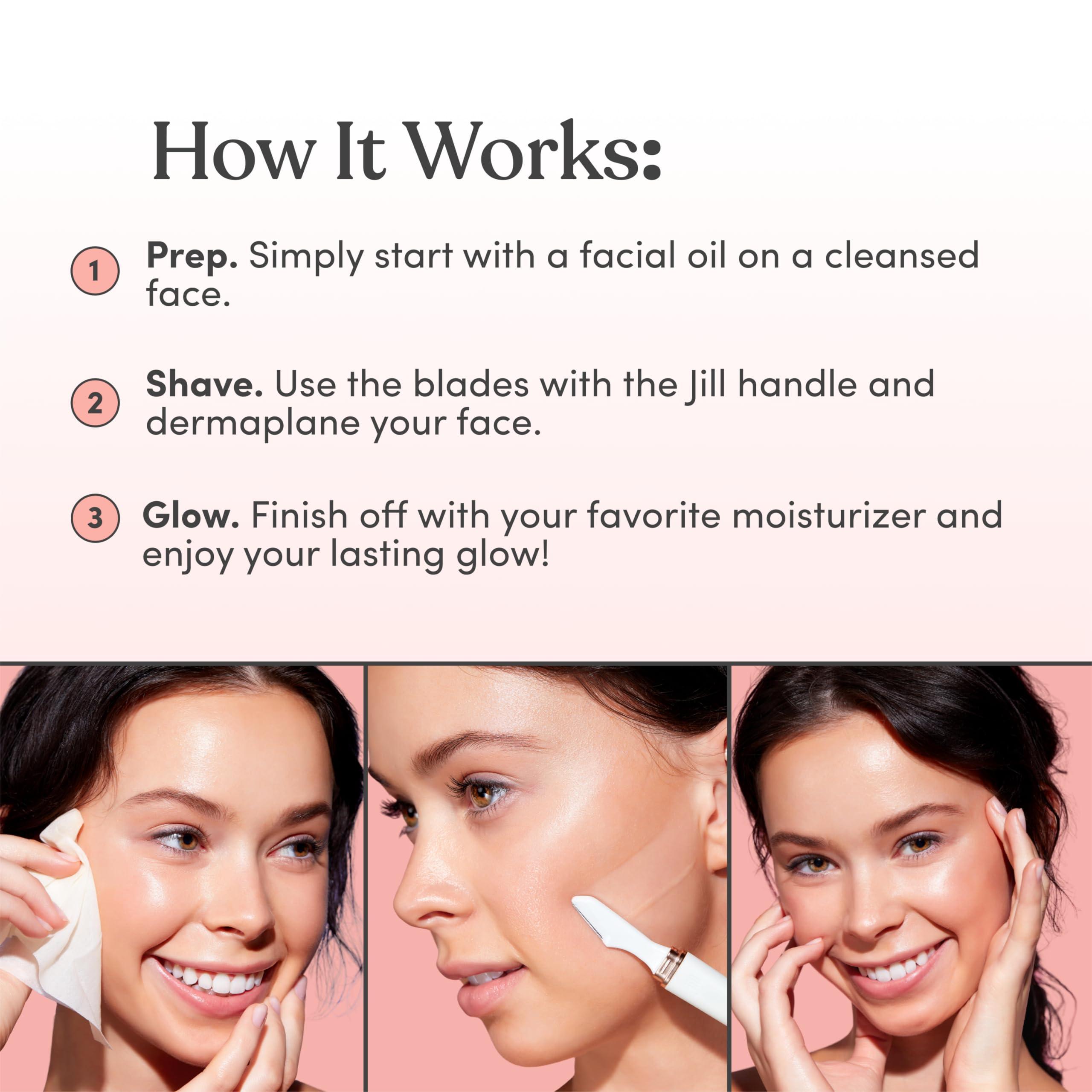 JILL Jill Dermaplane Razor Trial Kit for Women | Facial Hair Removal Dermaplaning Kit Includes 1 Shave Wand, 2 Dermaplane Razors & Cleaning Cloth | Magic Spray Not Included | Supplies for 1 Shave