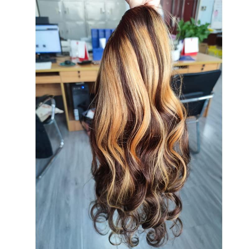 UMRHair 12inch Ombre Highlight U Part Wig Human Hair Body Wave for Women 4/27 Balayage Brown Blonde 150% 1X4 U Open Full Head Upart Natural Hair Half Wig Clips In Scalp Protective Beginner Friendly