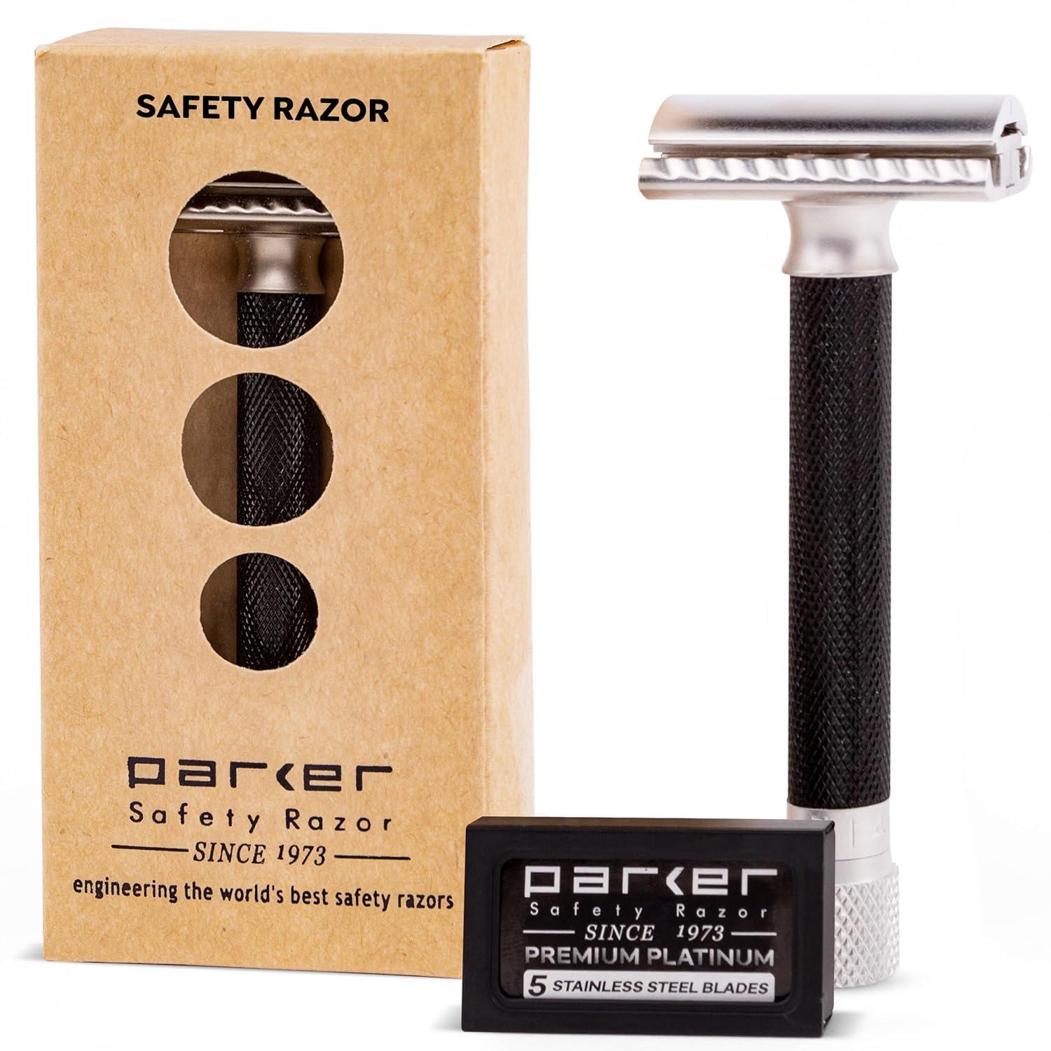 Parker Safety Razor The Parker Variant Adjustable Double Edge Safety Razor, Customize your Shave with a Turn of the Dial from Mild to Aggressive - 5 Blades Included (GRAPHITE GRAY)
