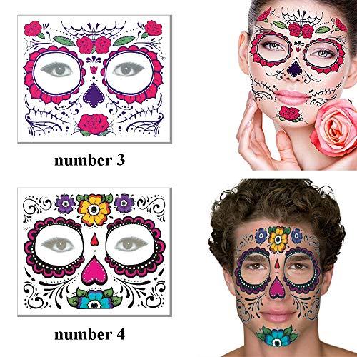 ARTEM Day of the Dead Tattoo(8 PACK) Halloween Makeup Tattoos Decor Stickers Sugar Skull Temporary Face Tattoo for Halloween Masquerade Party(Floral, Glitter Roses, Web and Floral Skeleton)